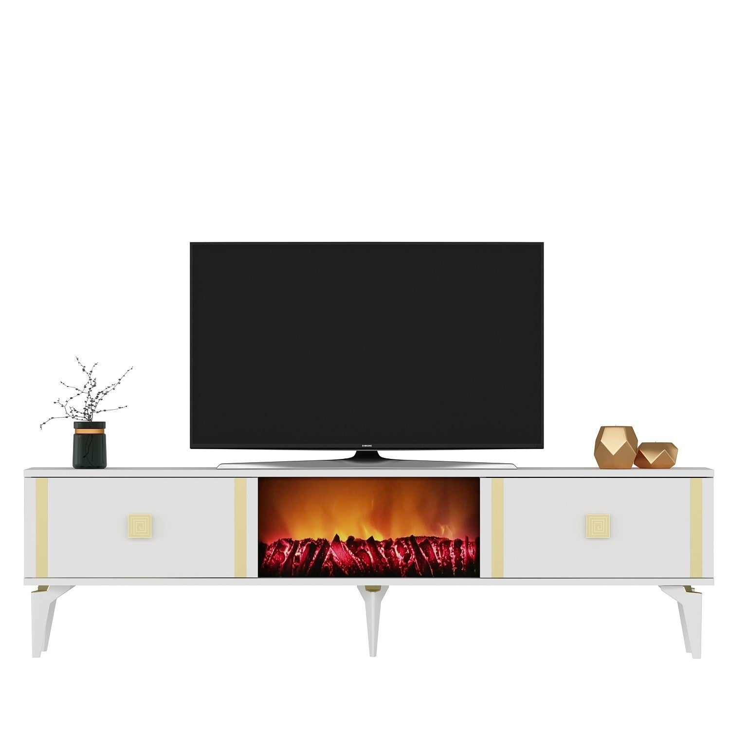 Móvel de TV com Lareira Elétrica – 150 cm – Branco e Dourado – Melamina