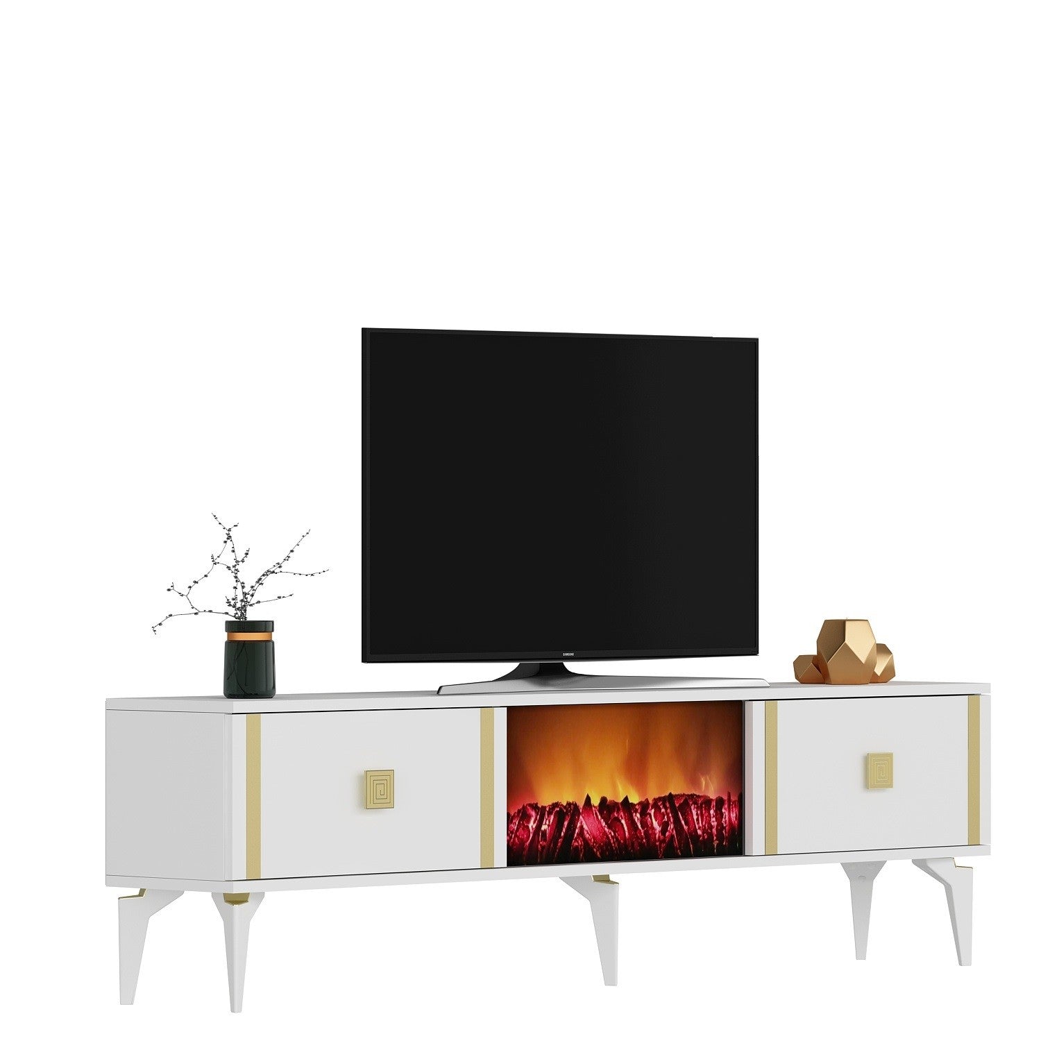 Móvel de TV com Lareira Elétrica – 150 cm – Branco e Dourado – Melamina
