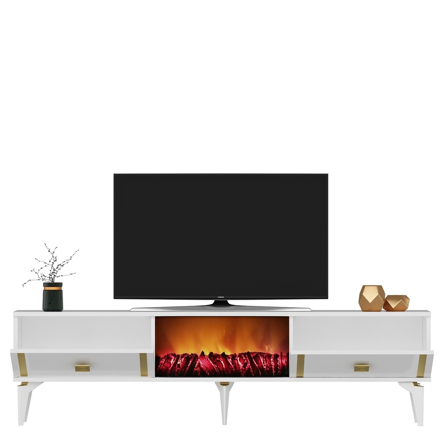 Móvel de TV com Lareira Elétrica – 150 cm – Branco e Dourado – Melamina