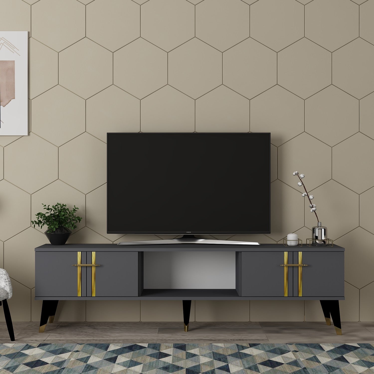 Móvel de TV – 150cm x 44,6cm x 29,6cm – Antracite e Ouro – MDF