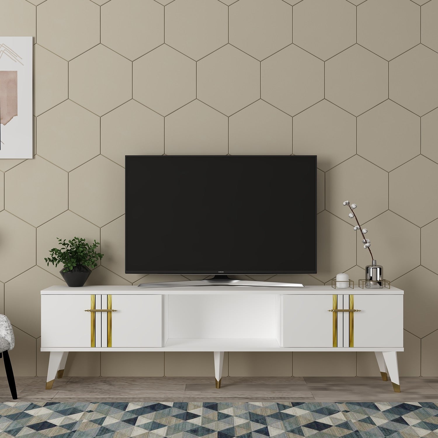 Móvel de TV – 150cm – Branco e Dourado – Painel de partículas revestido a melamina
