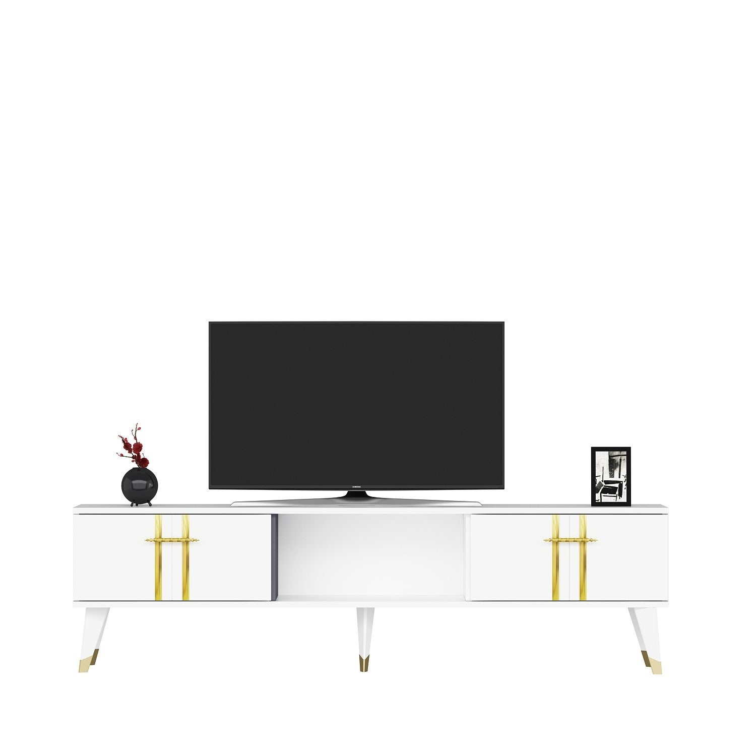Móvel de TV – 150cm – Branco e Dourado – Painel de partículas revestido a melamina