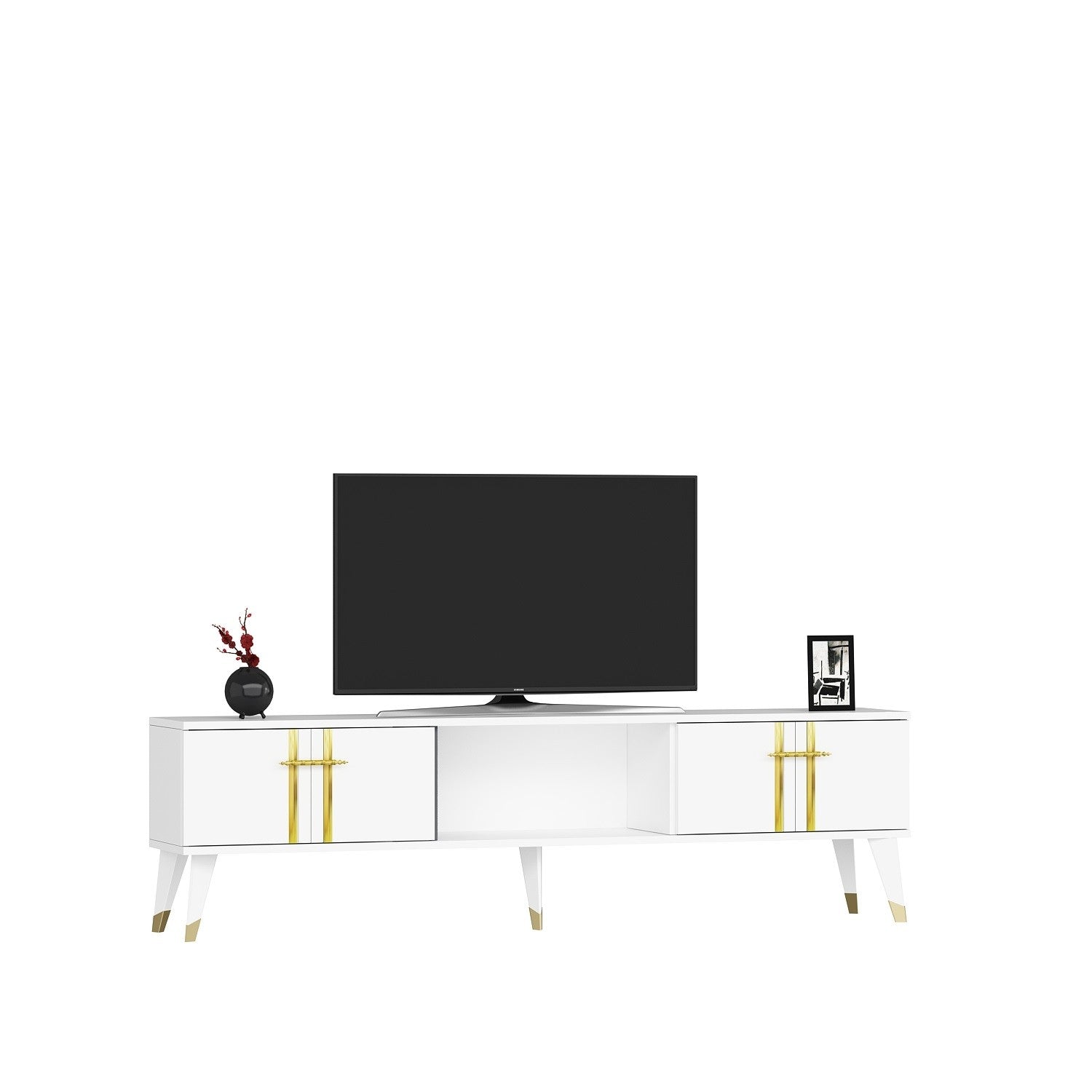 Móvel de TV – 150cm – Branco e Dourado – Painel de partículas revestido a melamina