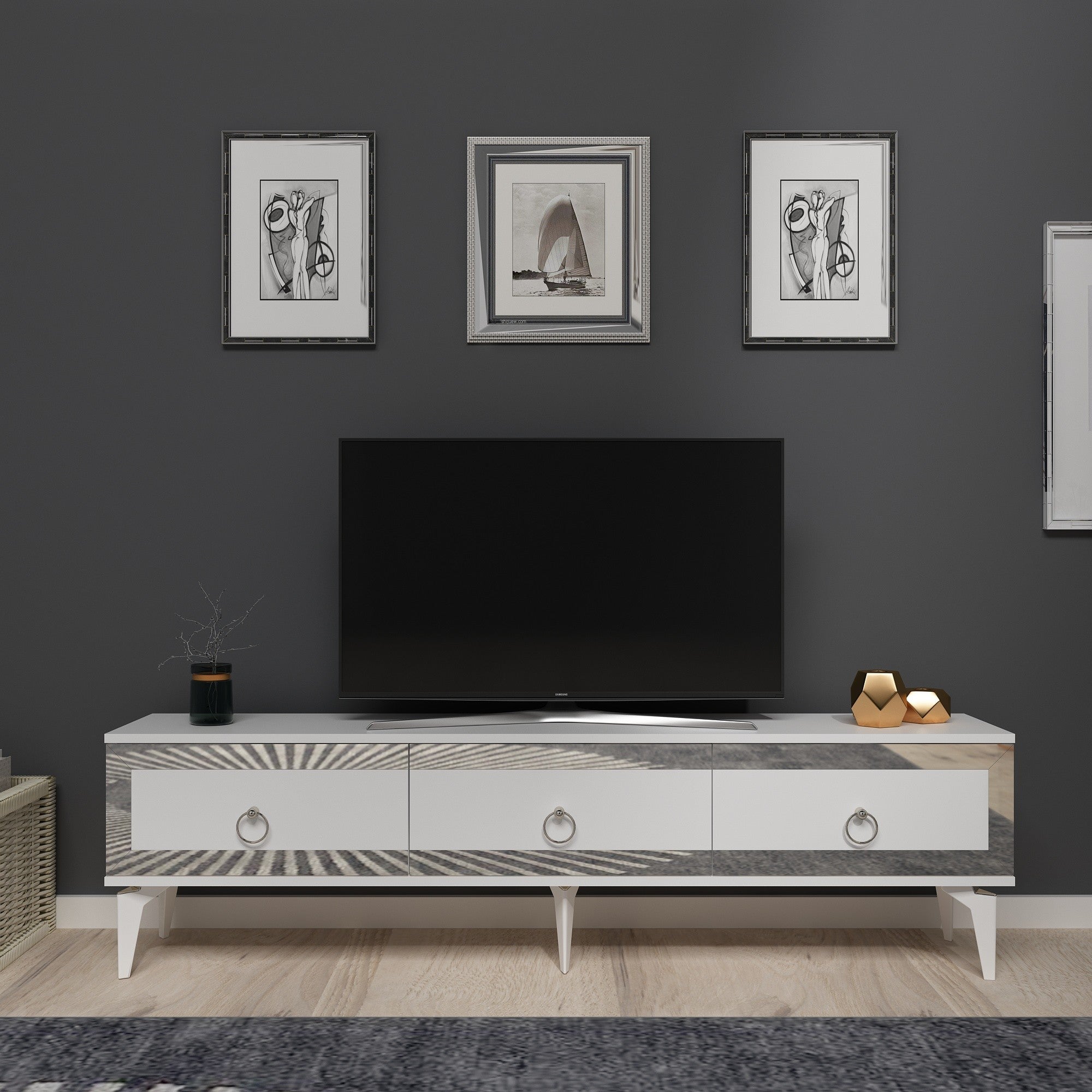 Móvel de TV – 180 cm x 29,6 cm x 44,6 cm – Branco e Prata – Painel de partículas revestido a melamina