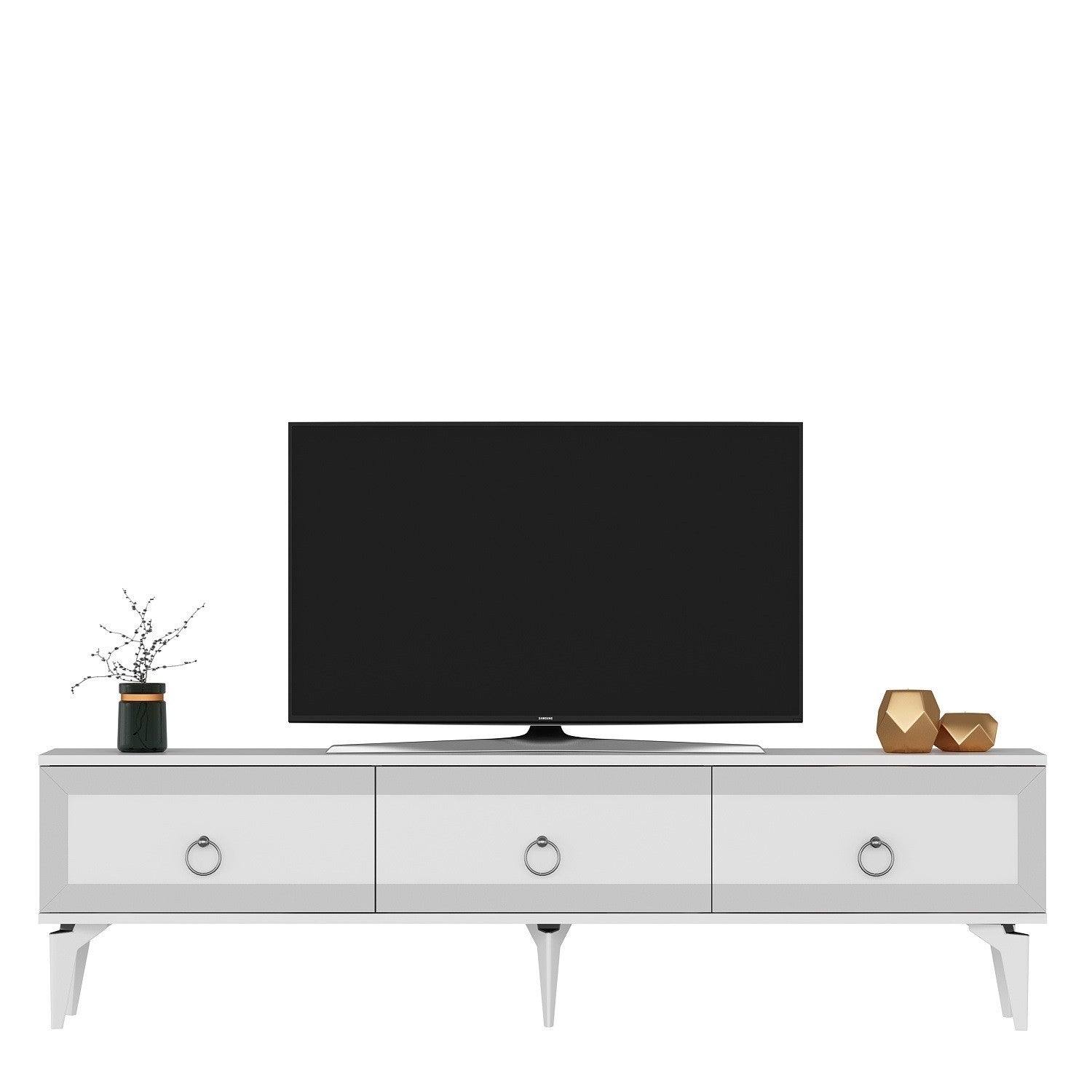 Móvel de TV – 180 cm x 29,6 cm x 44,6 cm – Branco e Prata – Painel de partículas revestido a melamina