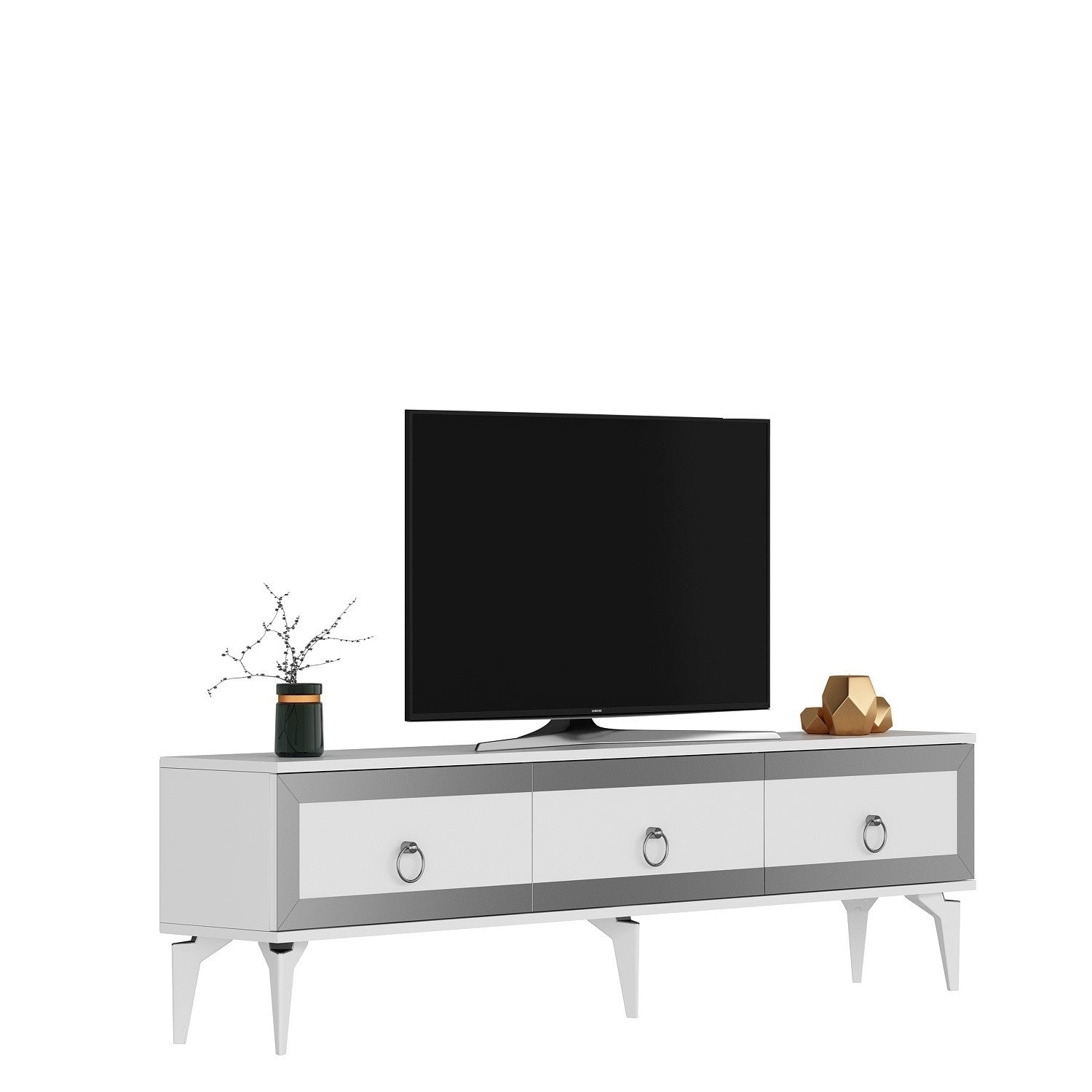 Móvel de TV – 180 cm x 29,6 cm x 44,6 cm – Branco e Prata – Painel de partículas revestido a melamina