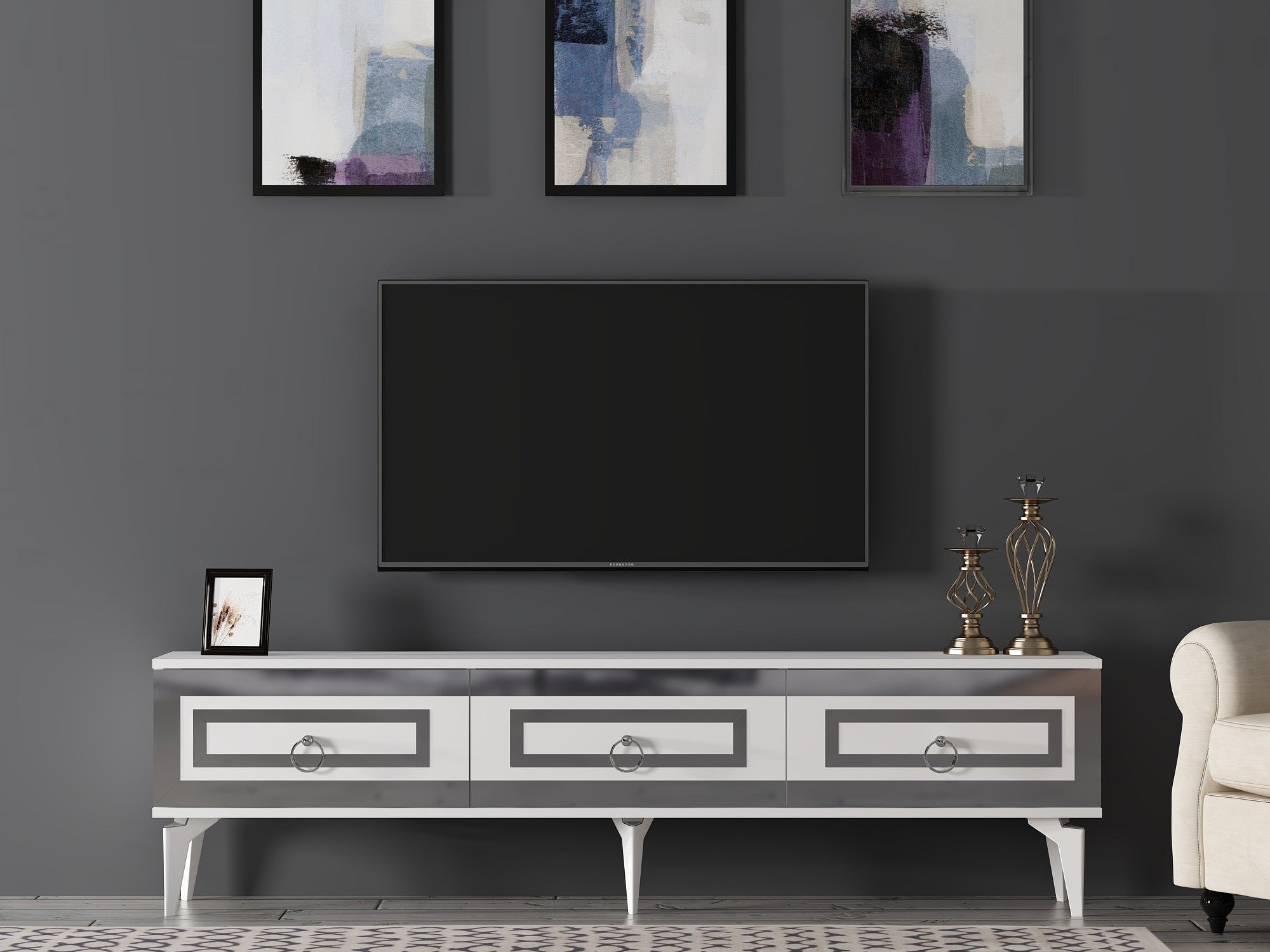 Móvel de TV – 180cm x 29.6cm x 44.6cm – Branco e Prata – Painel de partículas revestido a melamina