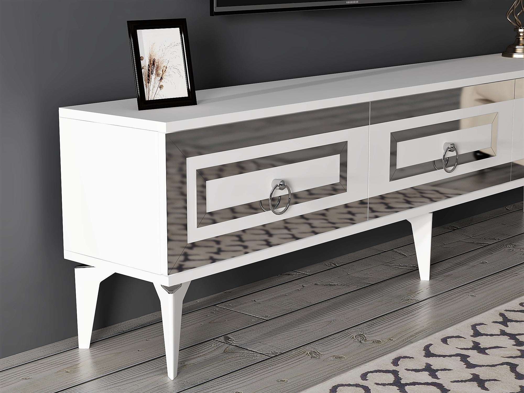 Móvel de TV – 180cm x 29.6cm x 44.6cm – Branco e Prata – Painel de partículas revestido a melamina