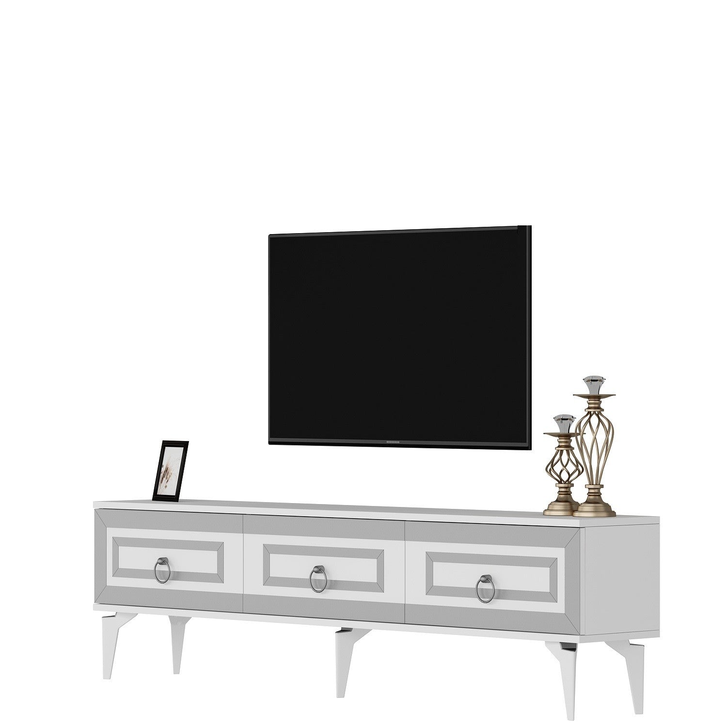 Móvel de TV – 180cm x 29.6cm x 44.6cm – Branco e Prata – Painel de partículas revestido a melamina