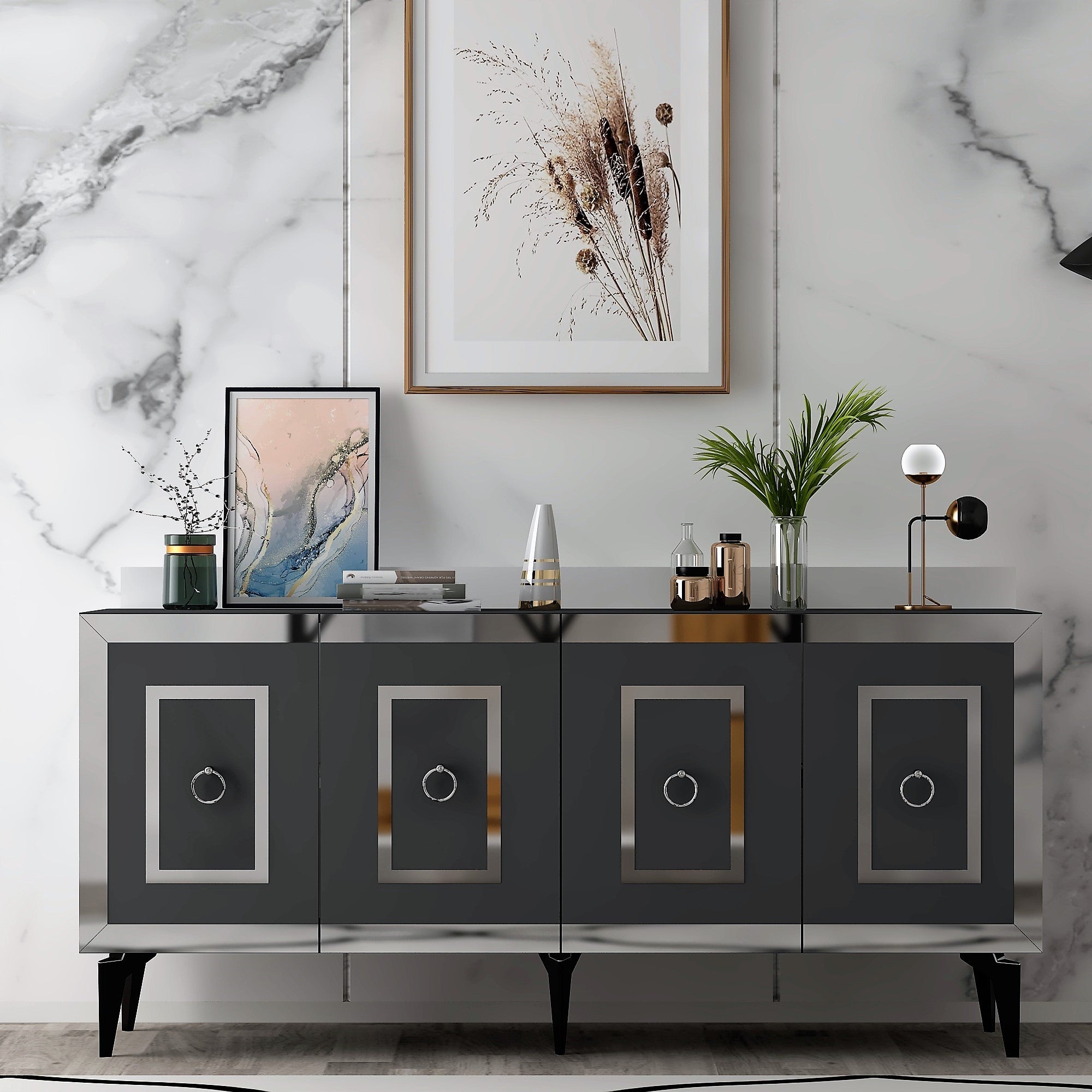 Aparador – 150 x 40 x 79 cm – Antracite e Prata – Painel de partículas revestido a melamina