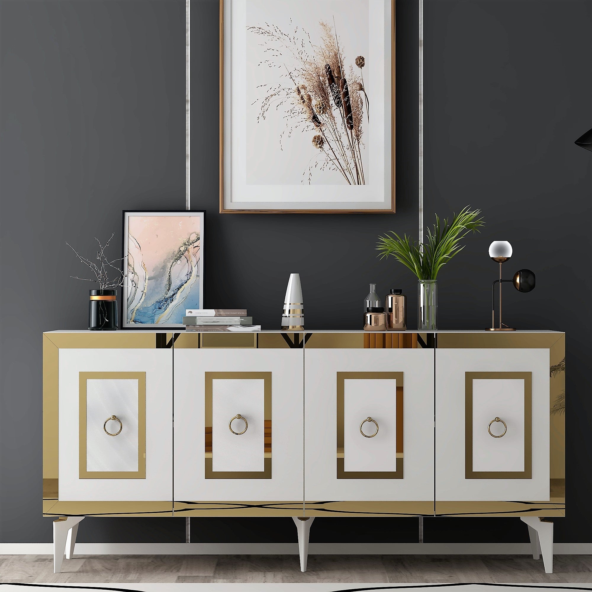 Aparador – 150 x 40 x 79 cm – Branco e Dourado – Painel de partículas revestido a melamina