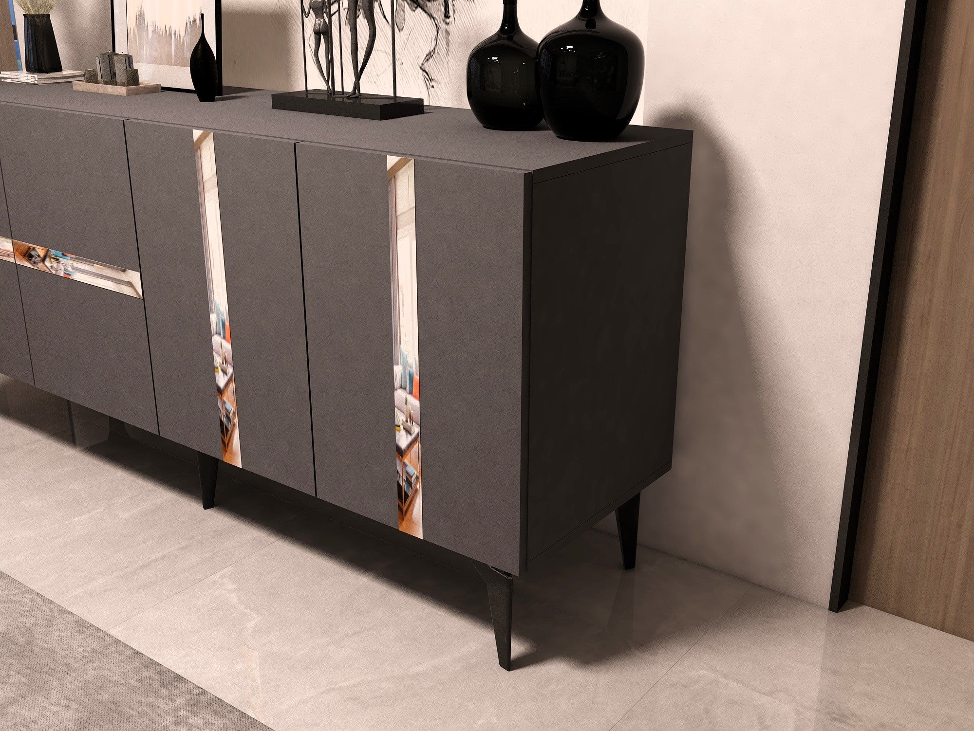 Aparador – 150cm x 40cm x 79cm – Antracite e Prata – Painel de partículas revestido a melamina