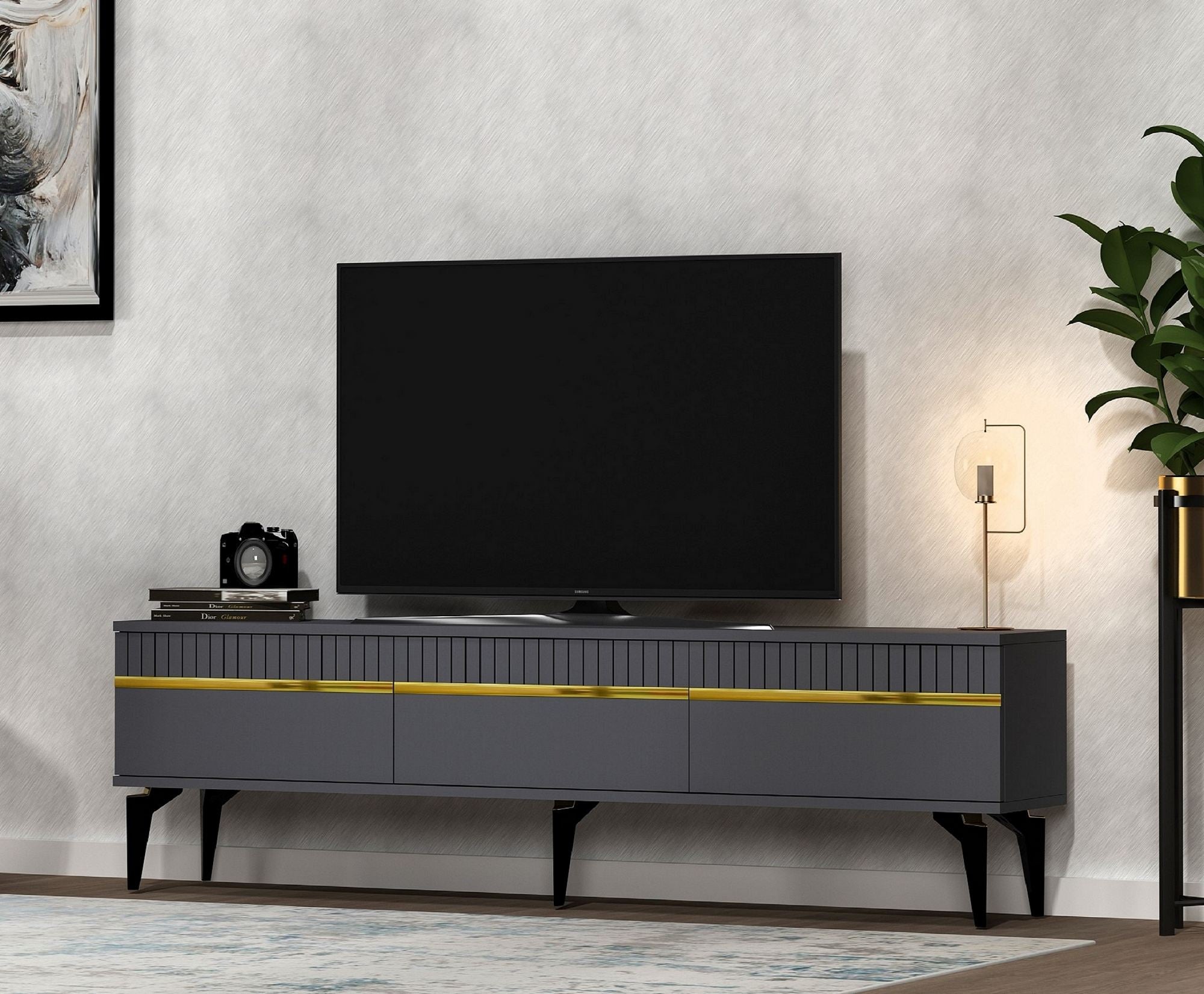 Móvel de TV – 180 cm x 44,6 cm x 29,6 cm – Antracite e Dourado – Painel de partículas revestido a melamina