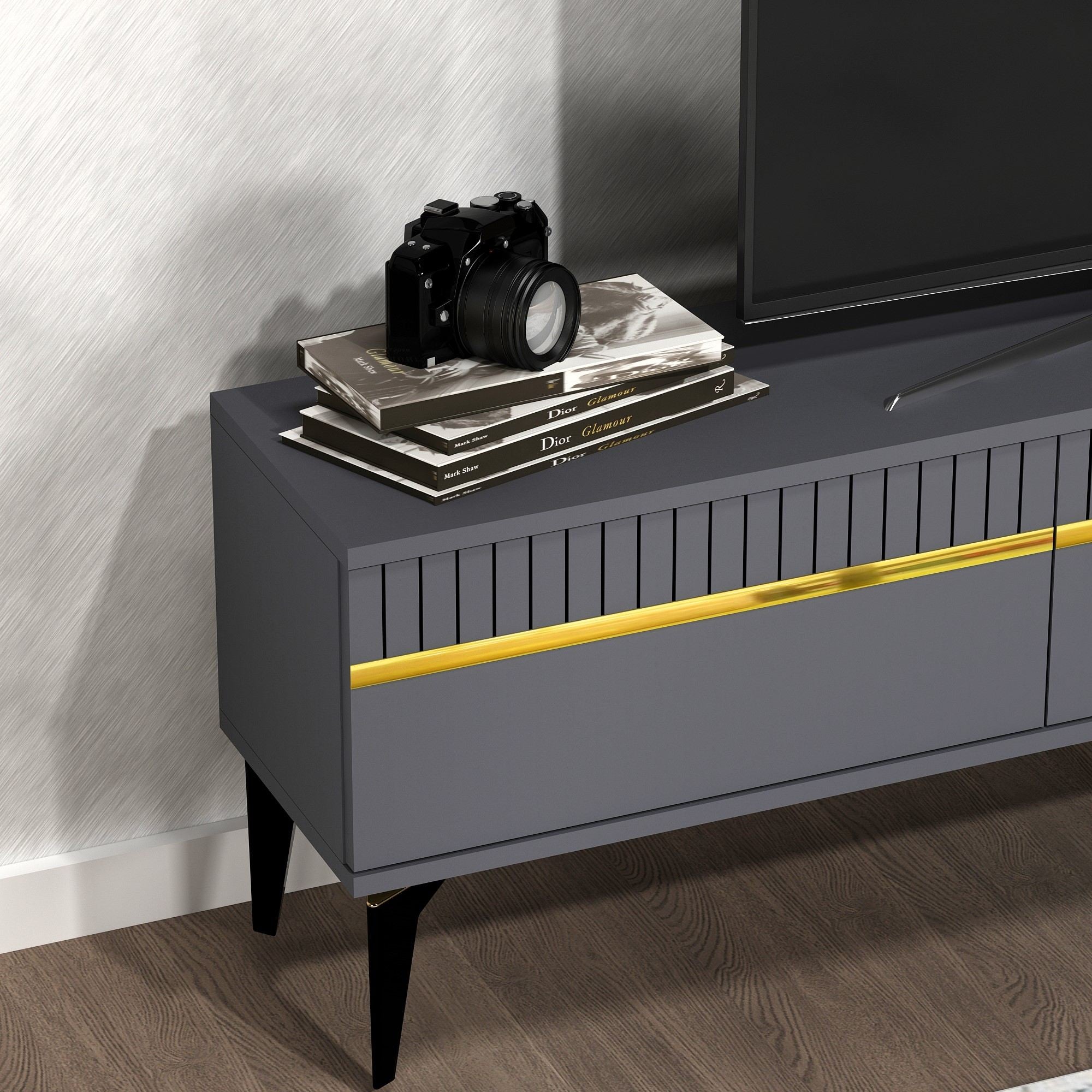 Móvel de TV – 180 cm x 44,6 cm x 29,6 cm – Antracite e Dourado – Painel de partículas revestido a melamina