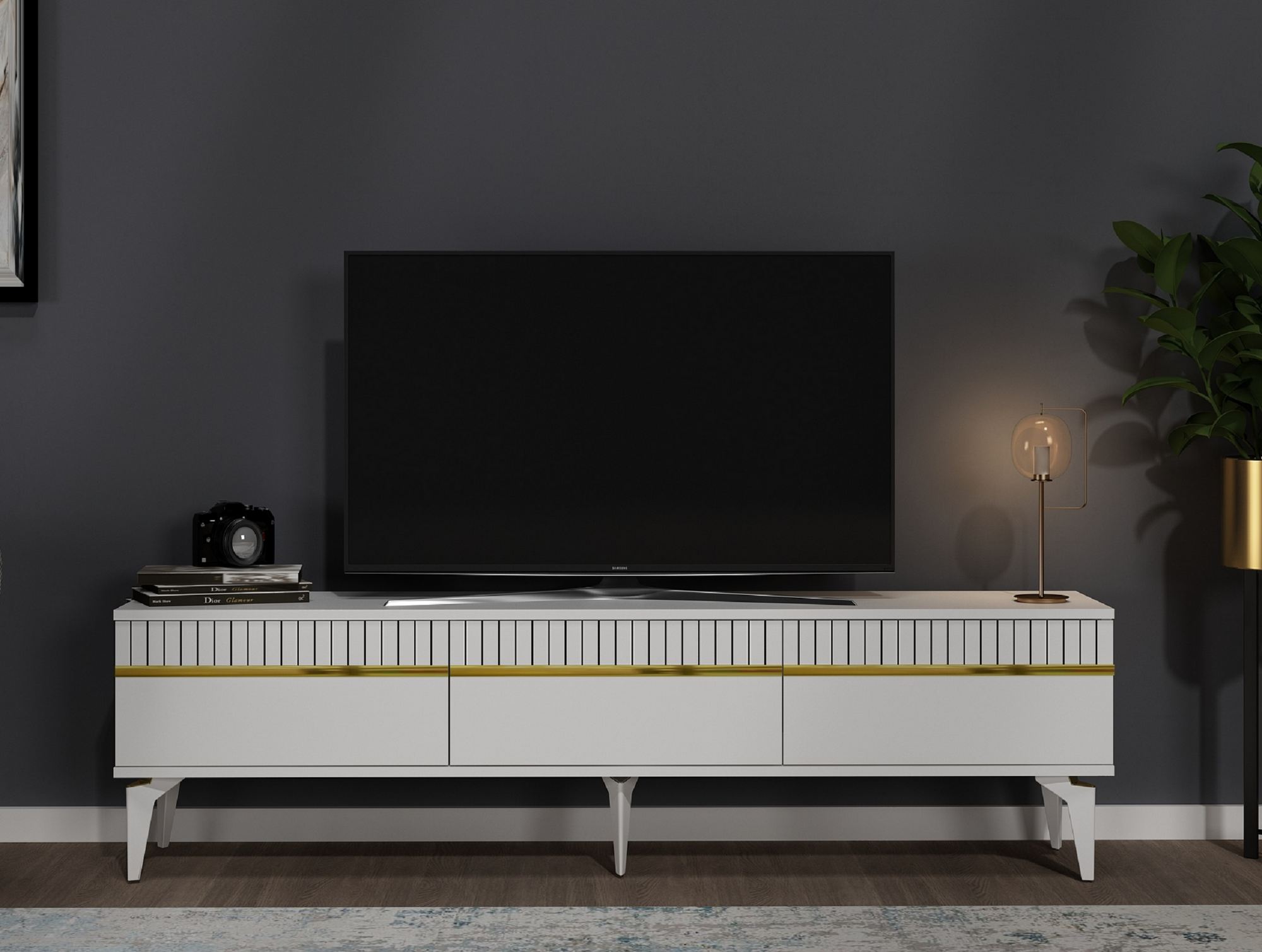 Móvel de TV – 180 cm x 44.6 cm x 29.6 cm – Branco e Dourado – Painéis de Partículas