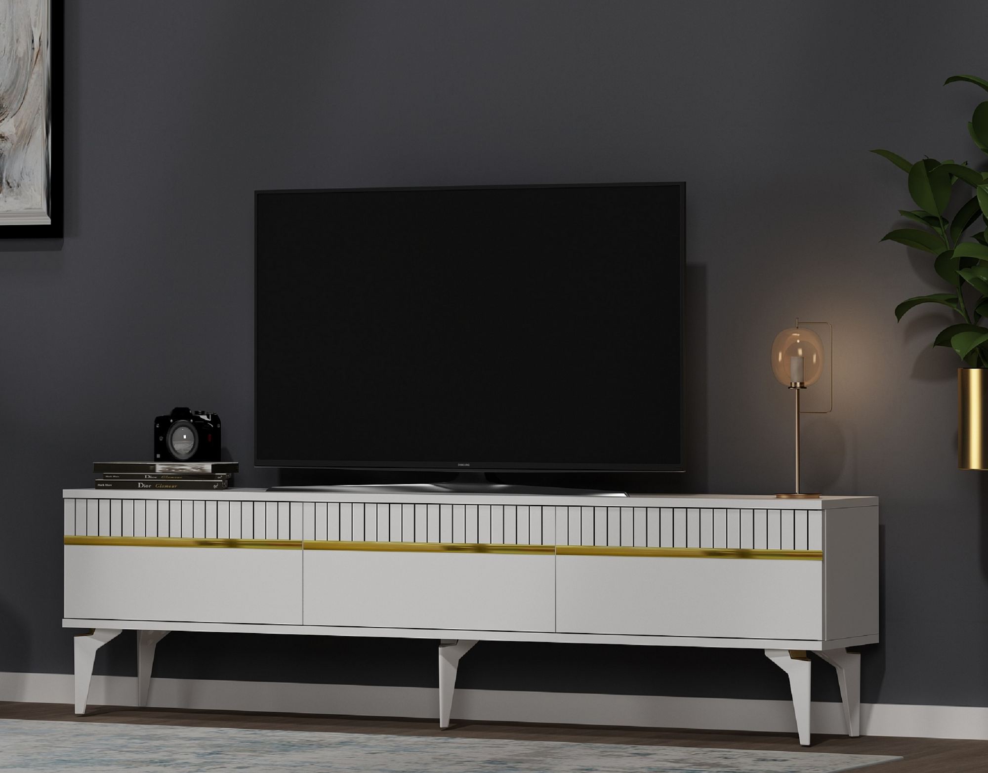 Móvel de TV – 180 cm x 44.6 cm x 29.6 cm – Branco e Dourado – Painéis de Partículas