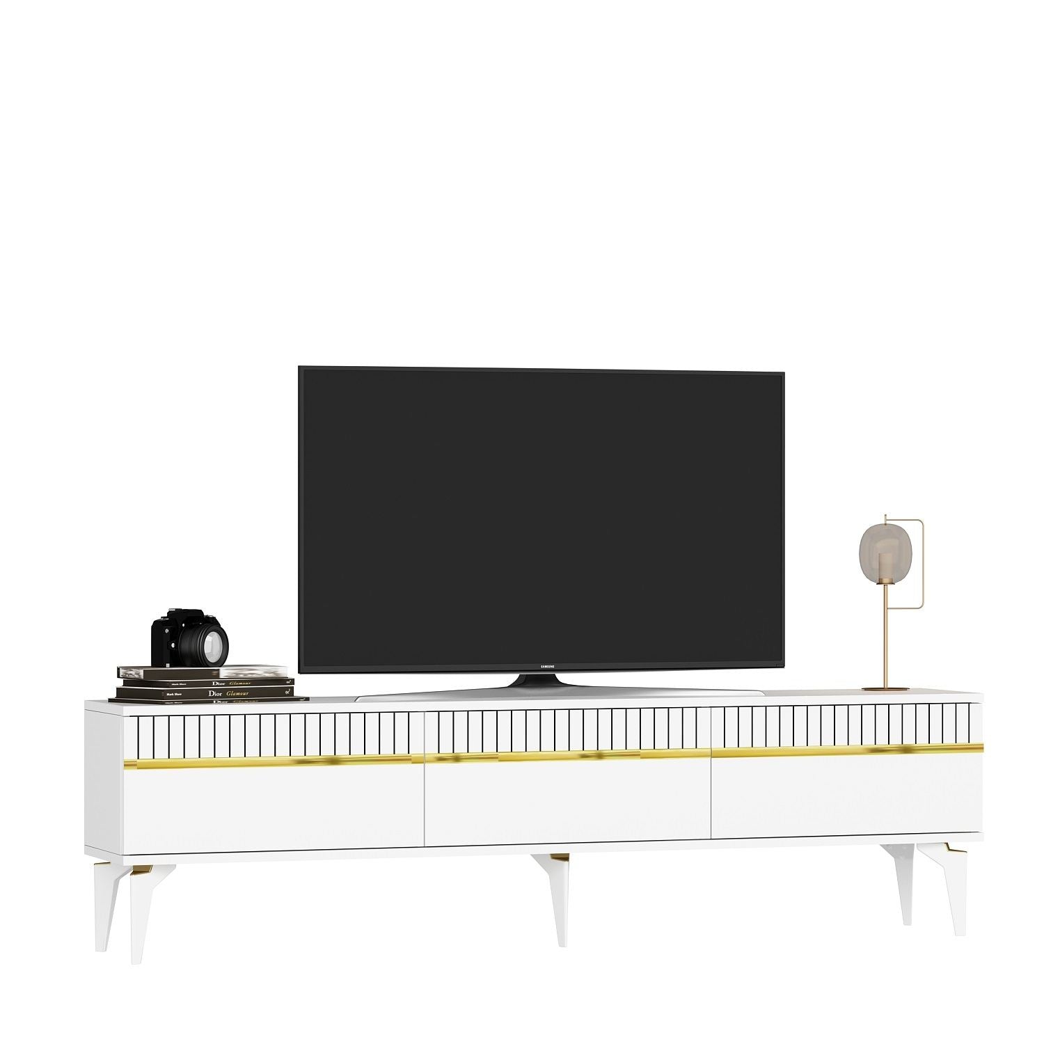 Móvel de TV – 180 cm x 44.6 cm x 29.6 cm – Branco e Dourado – Painéis de Partículas