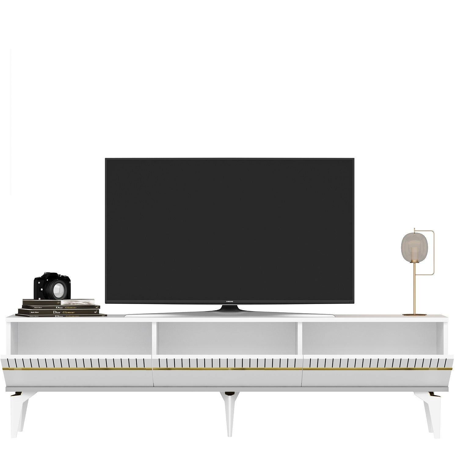 Móvel de TV – 180 cm x 44.6 cm x 29.6 cm – Branco e Dourado – Painéis de Partículas