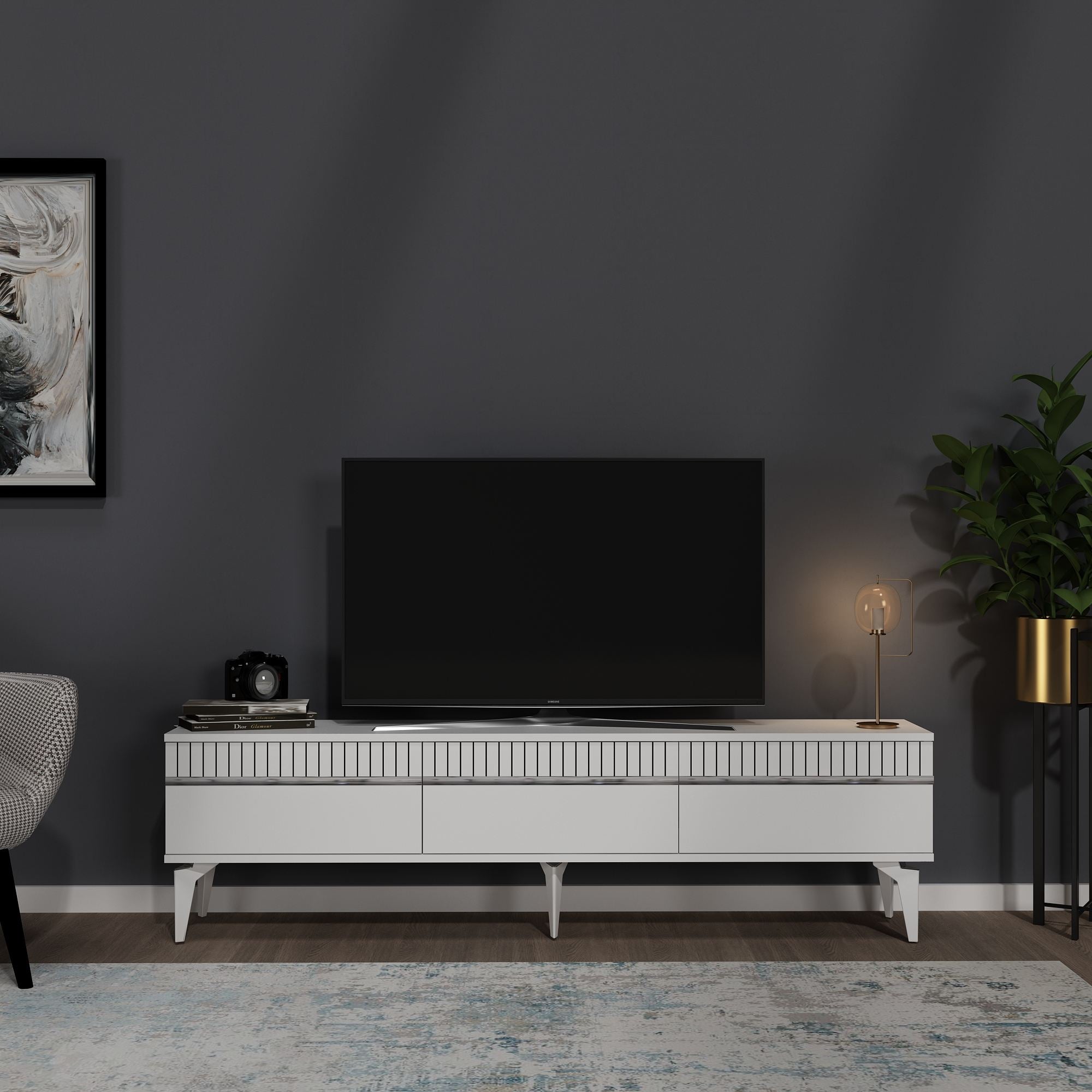 Móvel de TV – 180 cm x 44,6 cm – Branco e Prata – Painéis de Partículas