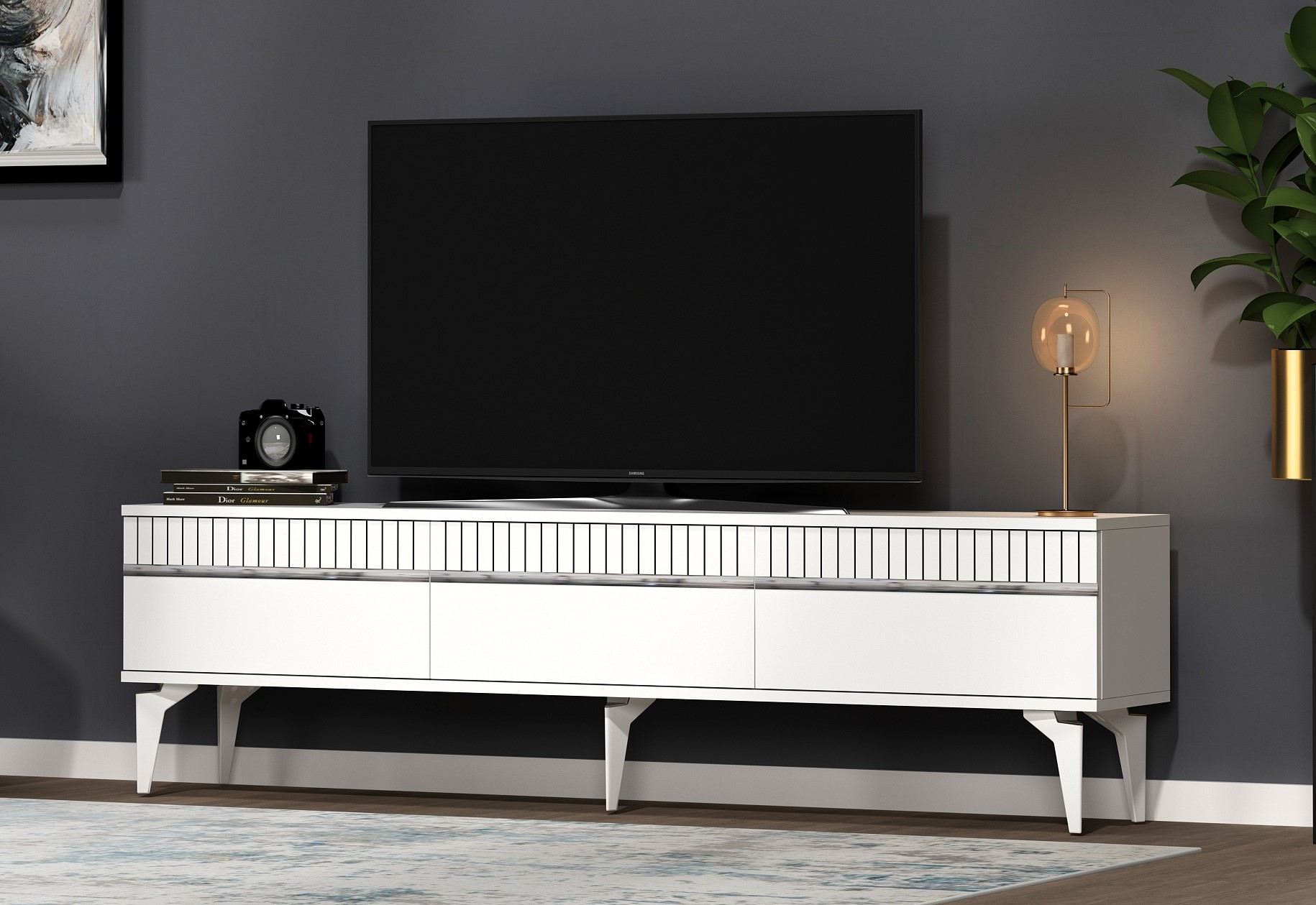 Móvel de TV – 180 cm x 44,6 cm – Branco e Prata – Painéis de Partículas