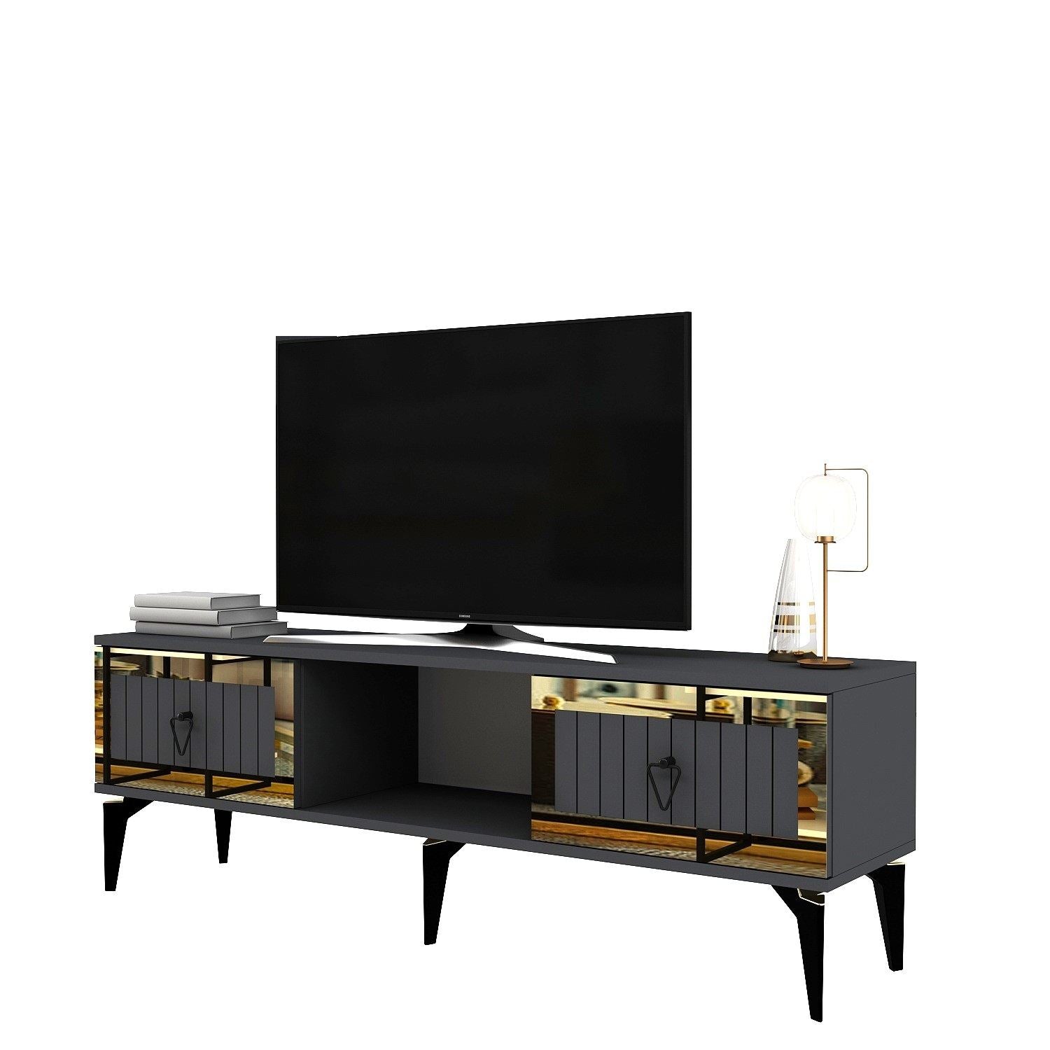 Móvel de TV – 150 cm x 44,6 cm x 29,6 cm – Antracite e Dourado – Painéis de partículas com revestimento a melamina