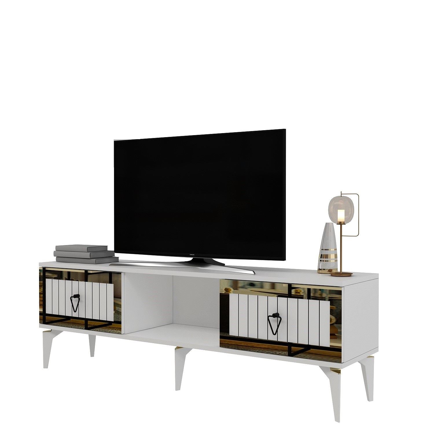 Móvel de TV – 150 cm x 44.6 cm x 29.6 cm – Branco e Dourado – Painéis de partículas revestidos a melamina