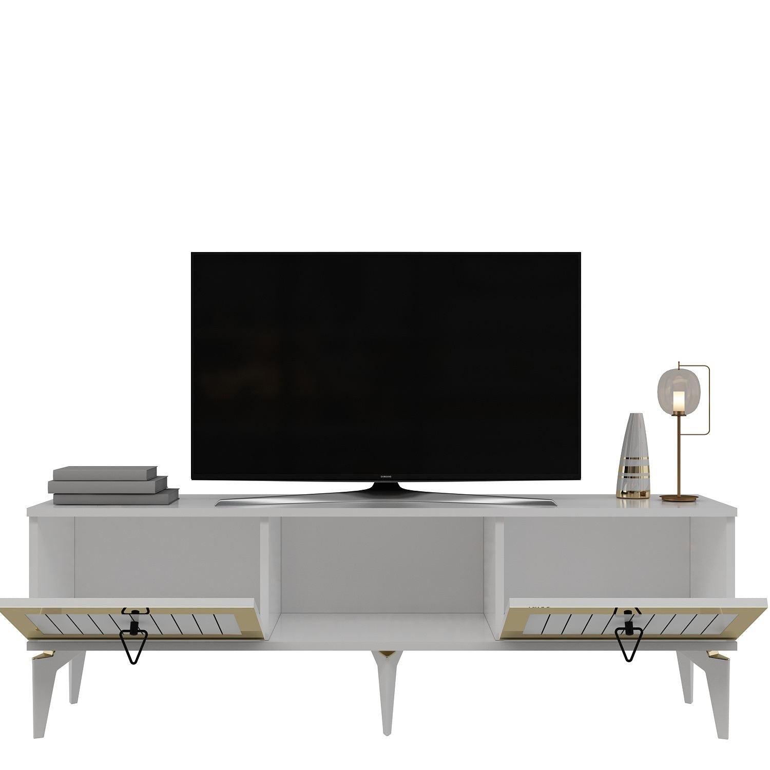 Móvel de TV – 150 cm x 44.6 cm x 29.6 cm – Branco e Dourado – Painéis de partículas revestidos a melamina
