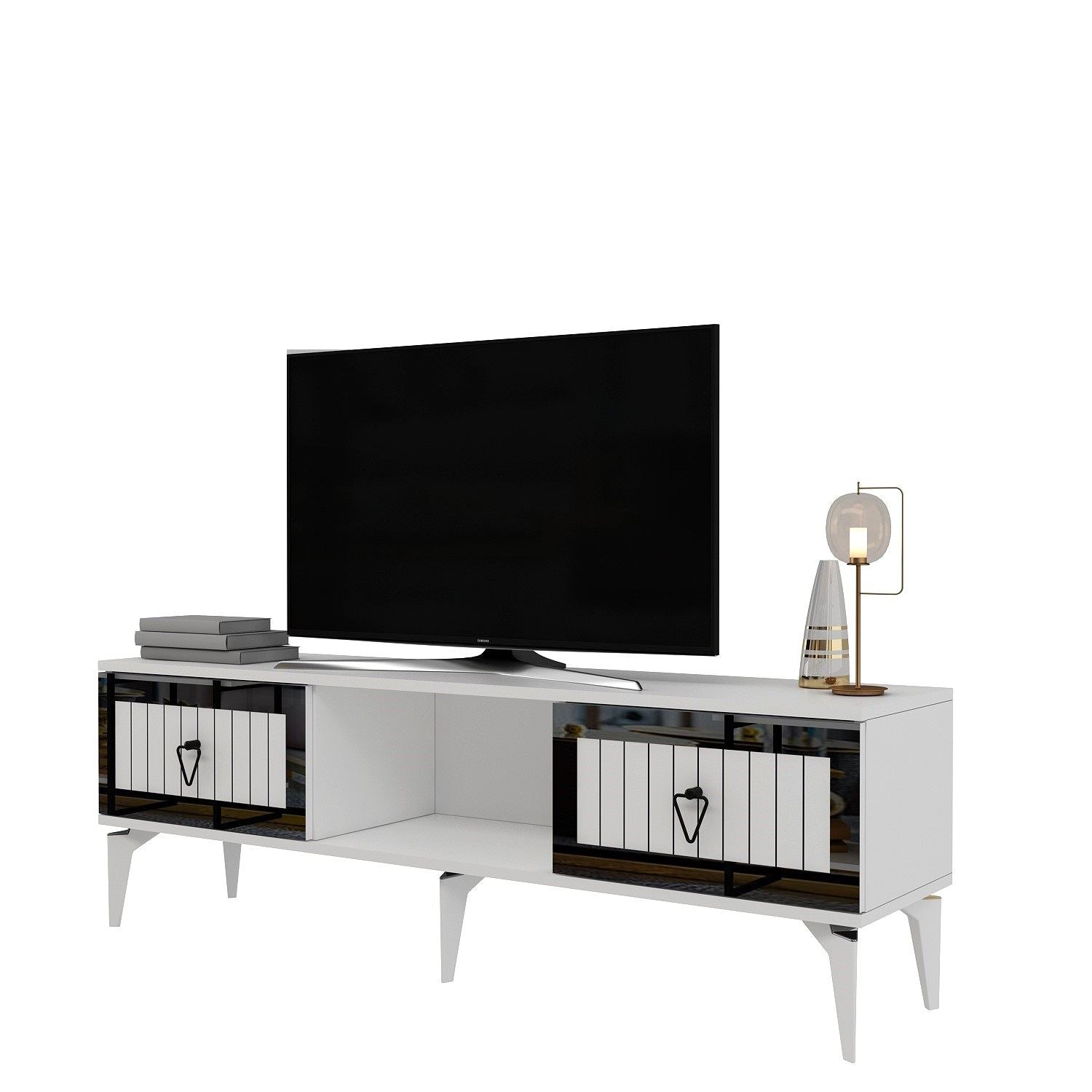 Móvel de TV – 150 cm x 44,6 cm x 29,6 cm – Branco e Prateado – Melamina