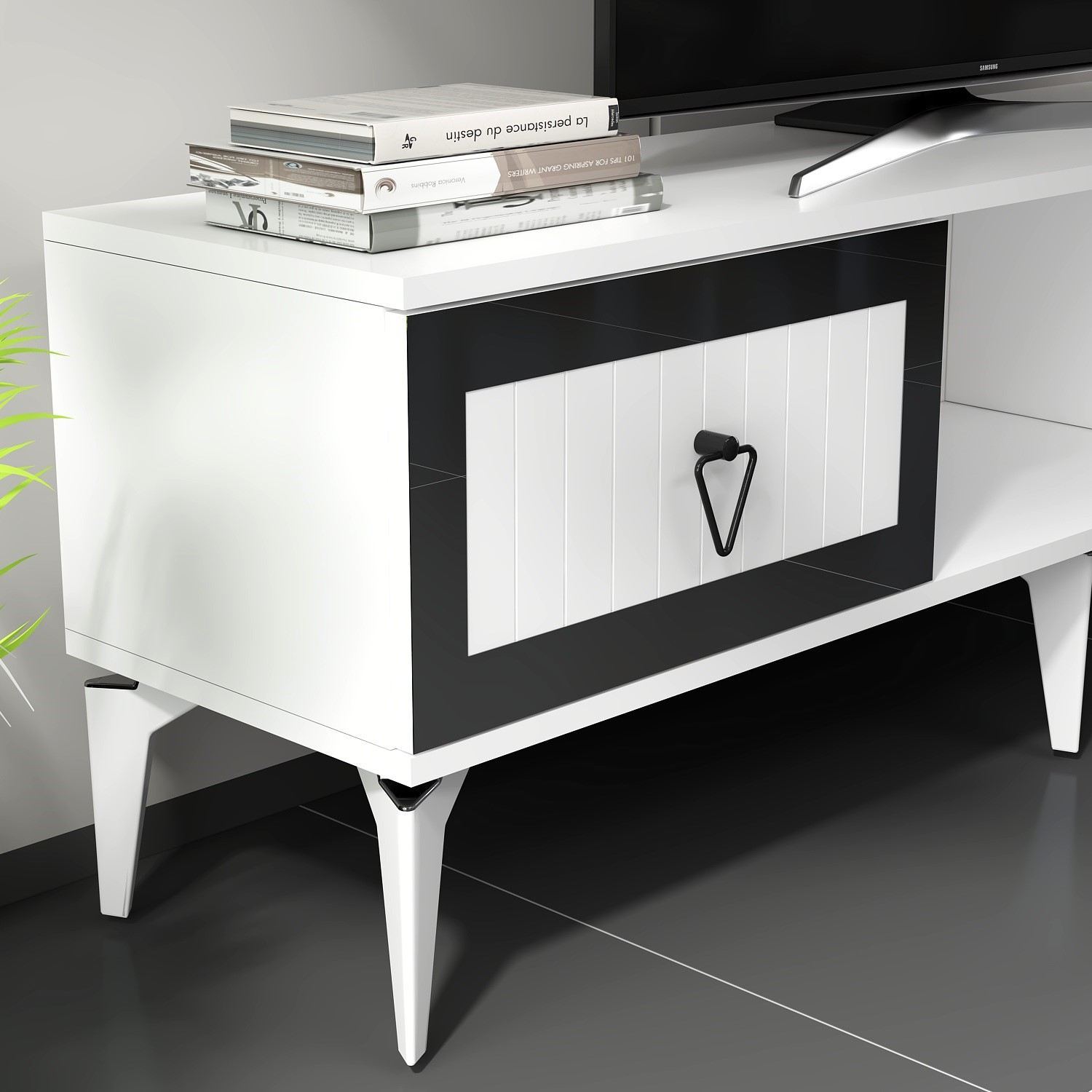 Móvel de TV – 150 cm x 44,6 cm x 29,6 cm – Branco e Prateado – Melamina