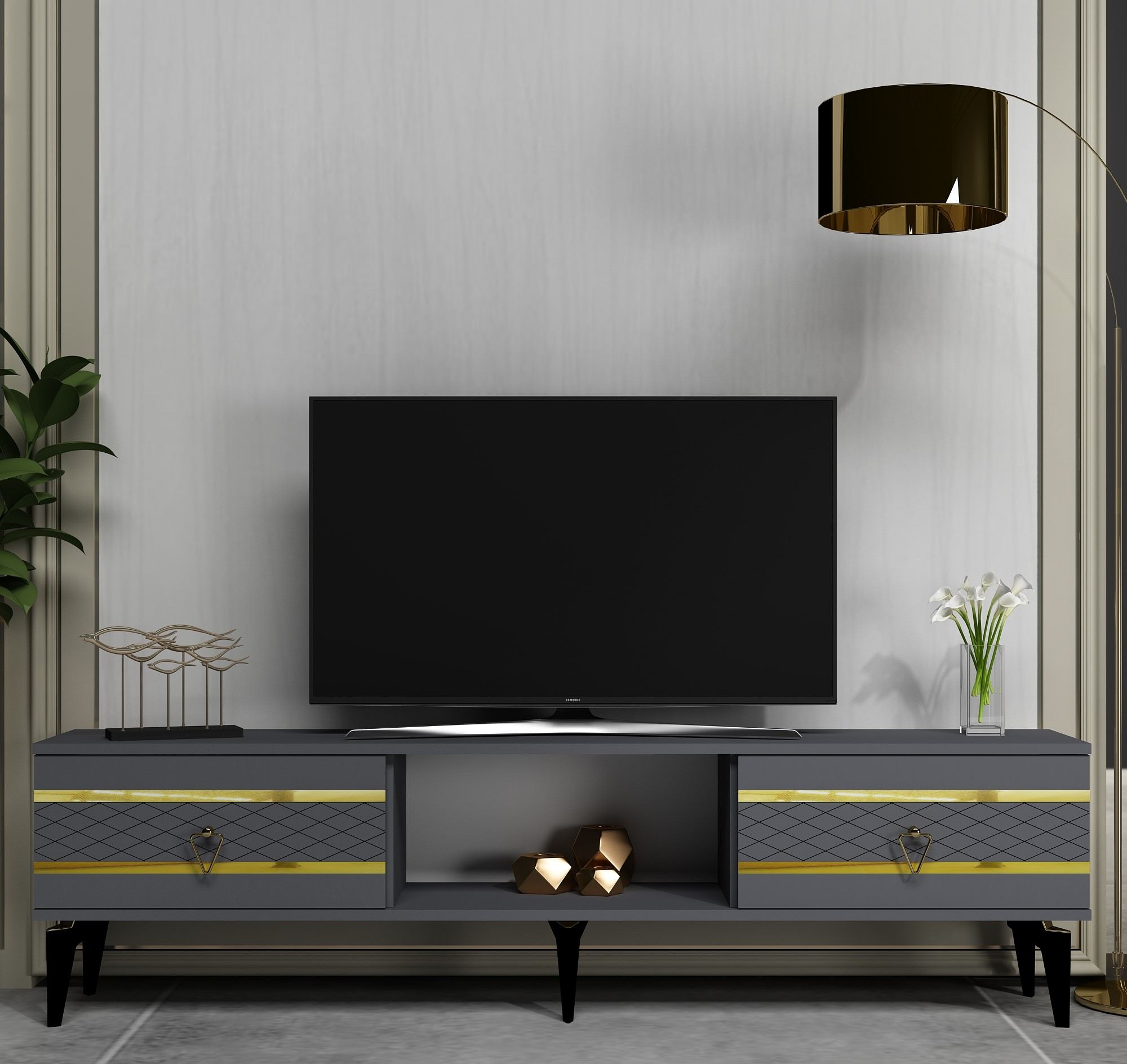 Móvel de TV – 150 cm x 44,6 cm x 29,6 cm – Antracite e Dourado – Painéis de partículas revestidos a melamina