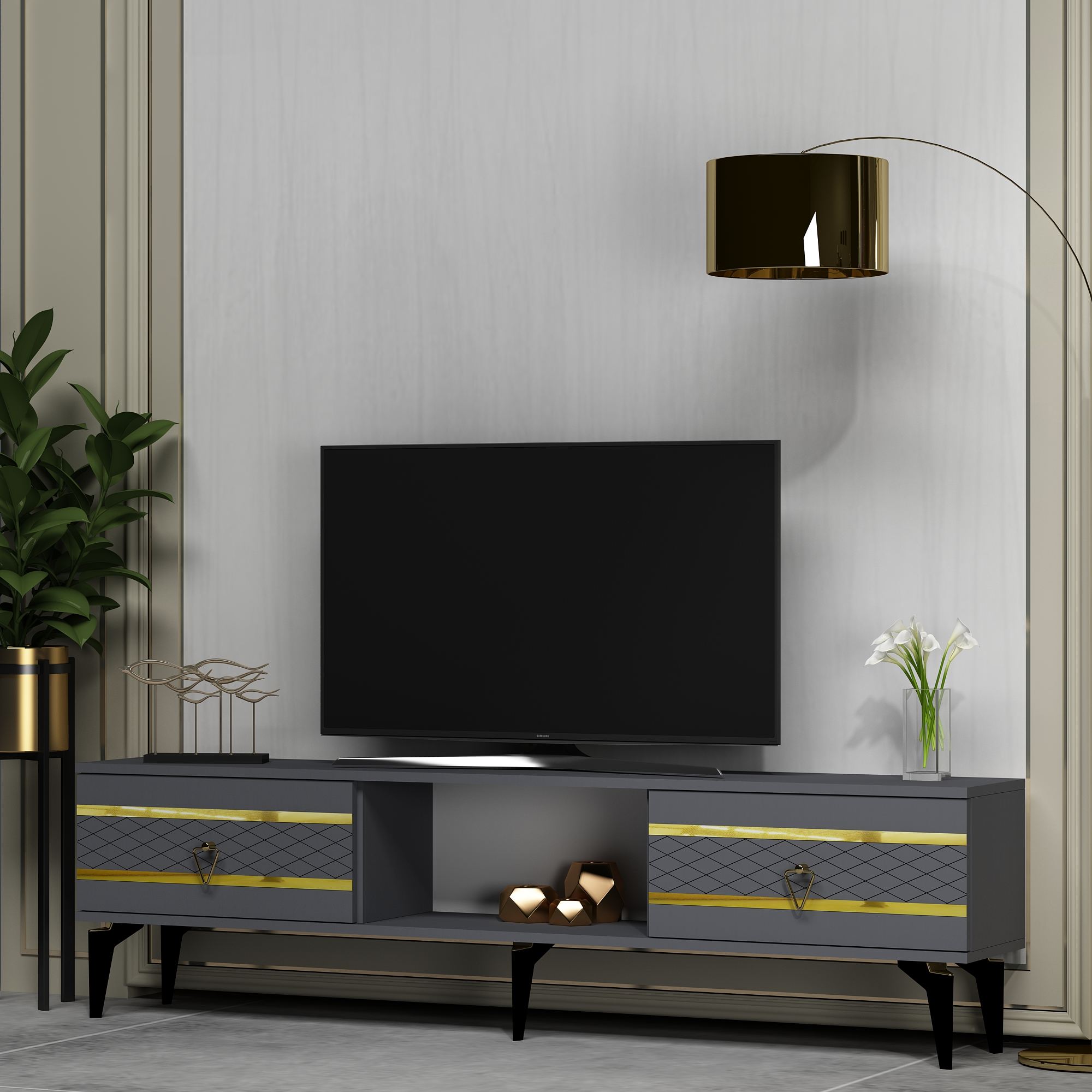 Móvel de TV – 150 cm x 44,6 cm x 29,6 cm – Antracite e Dourado – Painéis de partículas revestidos a melamina