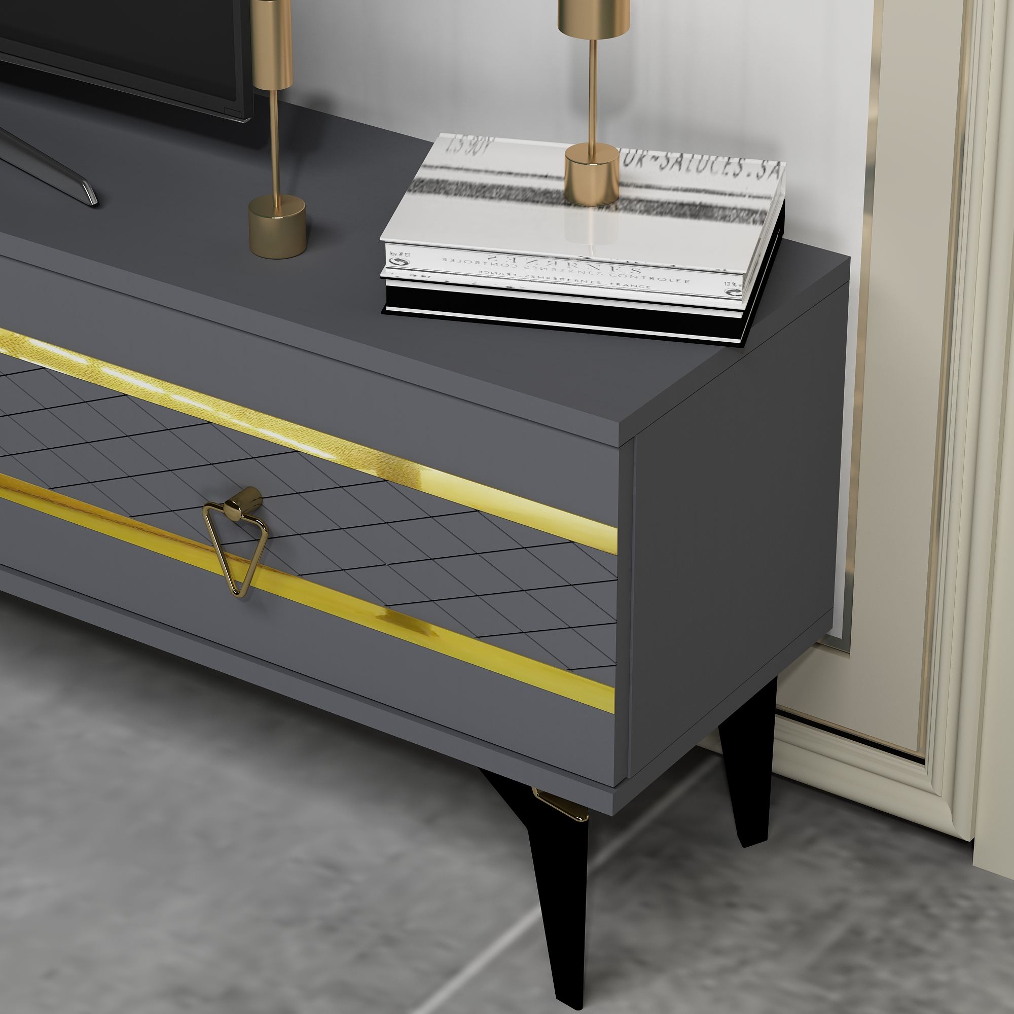 Móvel de TV – 150 cm x 44,6 cm x 29,6 cm – Antracite e Dourado – Painéis de partículas revestidos a melamina