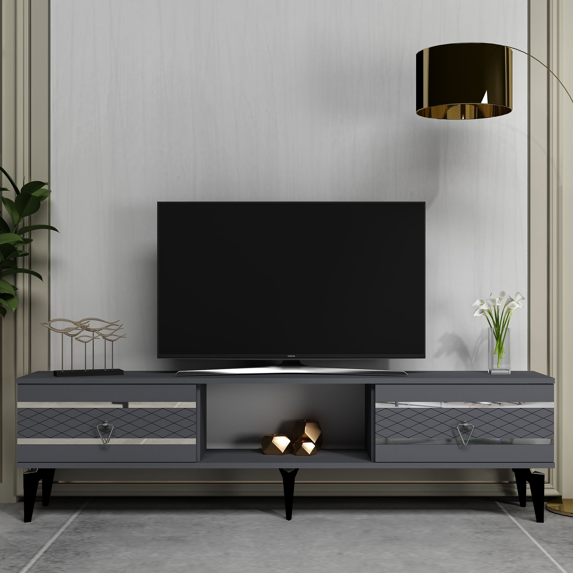 Móvel de TV – 150 cm x 44,6 cm x 29,6 cm – Antracite e Prata – Painel de partículas melaminado
