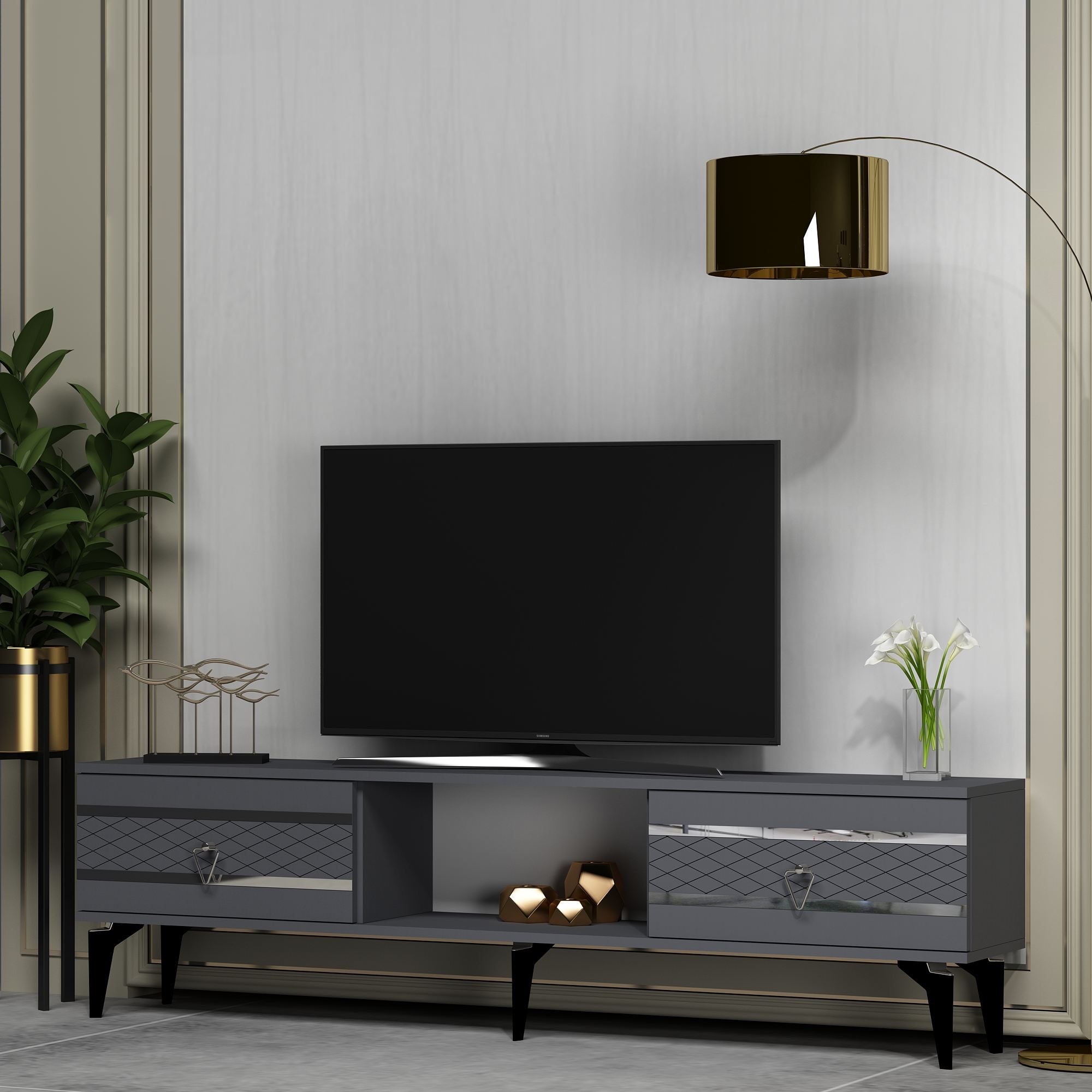 Móvel de TV – 150 cm x 44,6 cm x 29,6 cm – Antracite e Prata – Painel de partículas melaminado