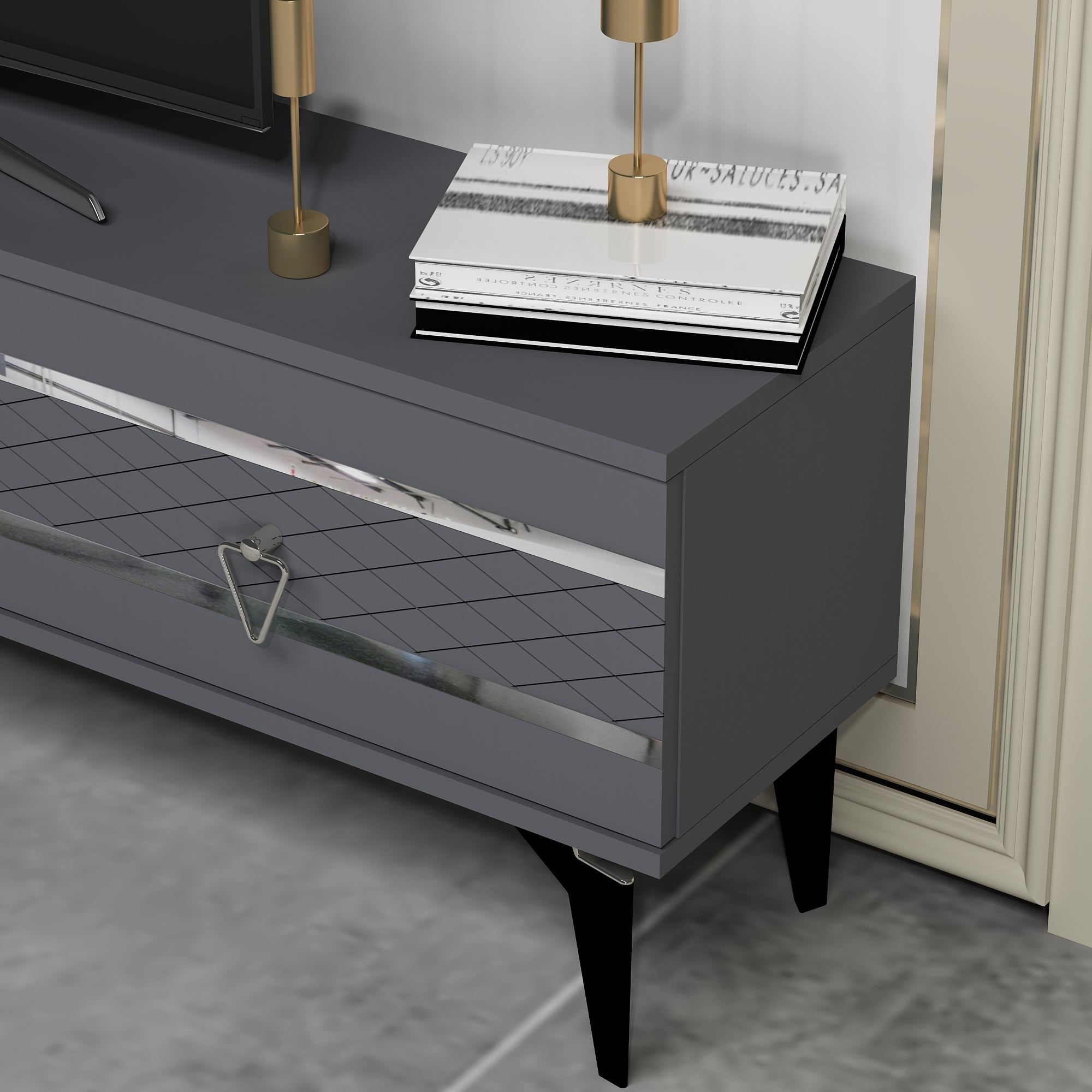 Móvel de TV – 150 cm x 44,6 cm x 29,6 cm – Antracite e Prata – Painel de partículas melaminado