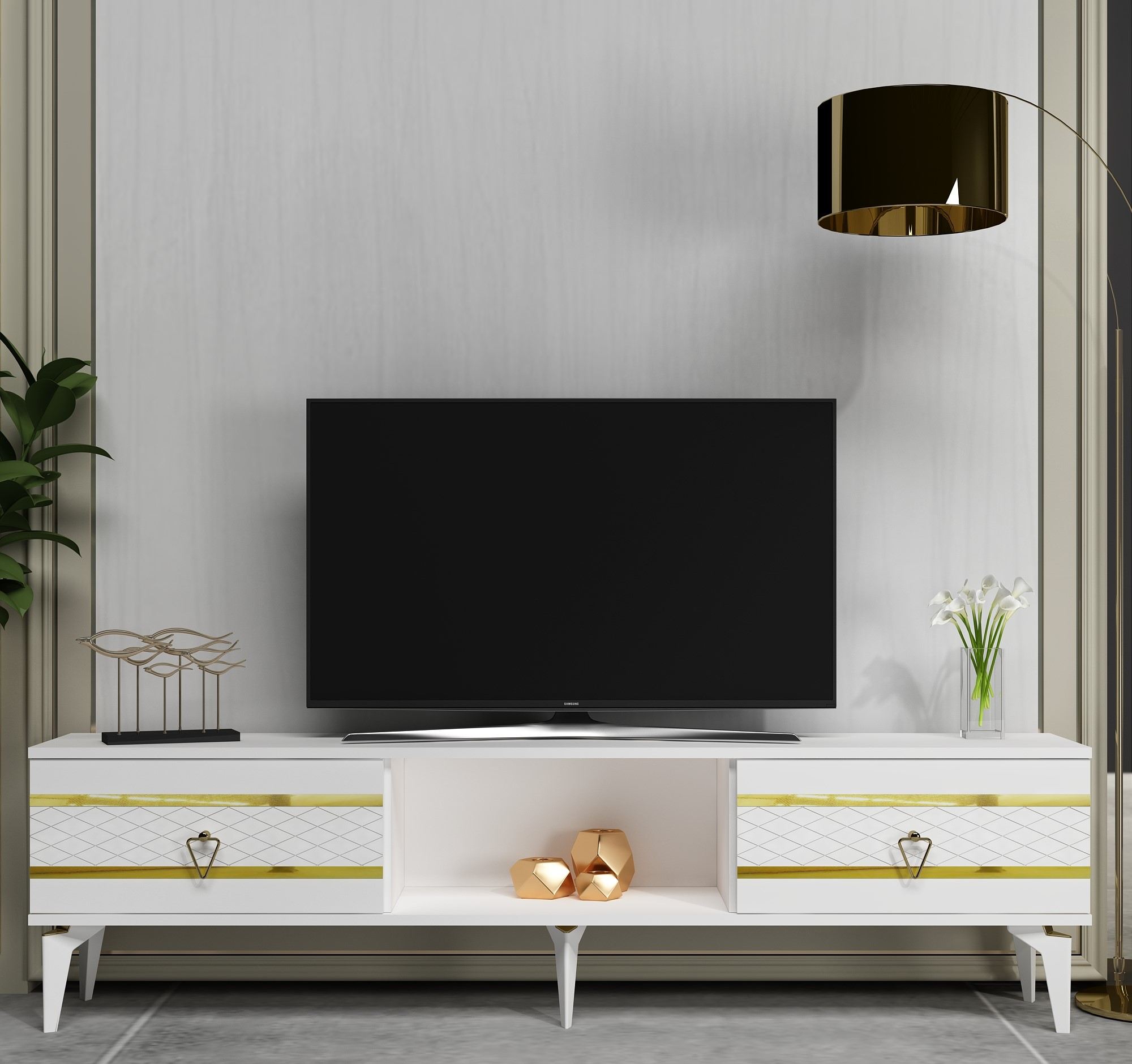 Móvel de TV – 150 cm x 44.6 cm x 29.6 cm – Branco e Dourado – Painéis de Partículas Revestidos a Melamina