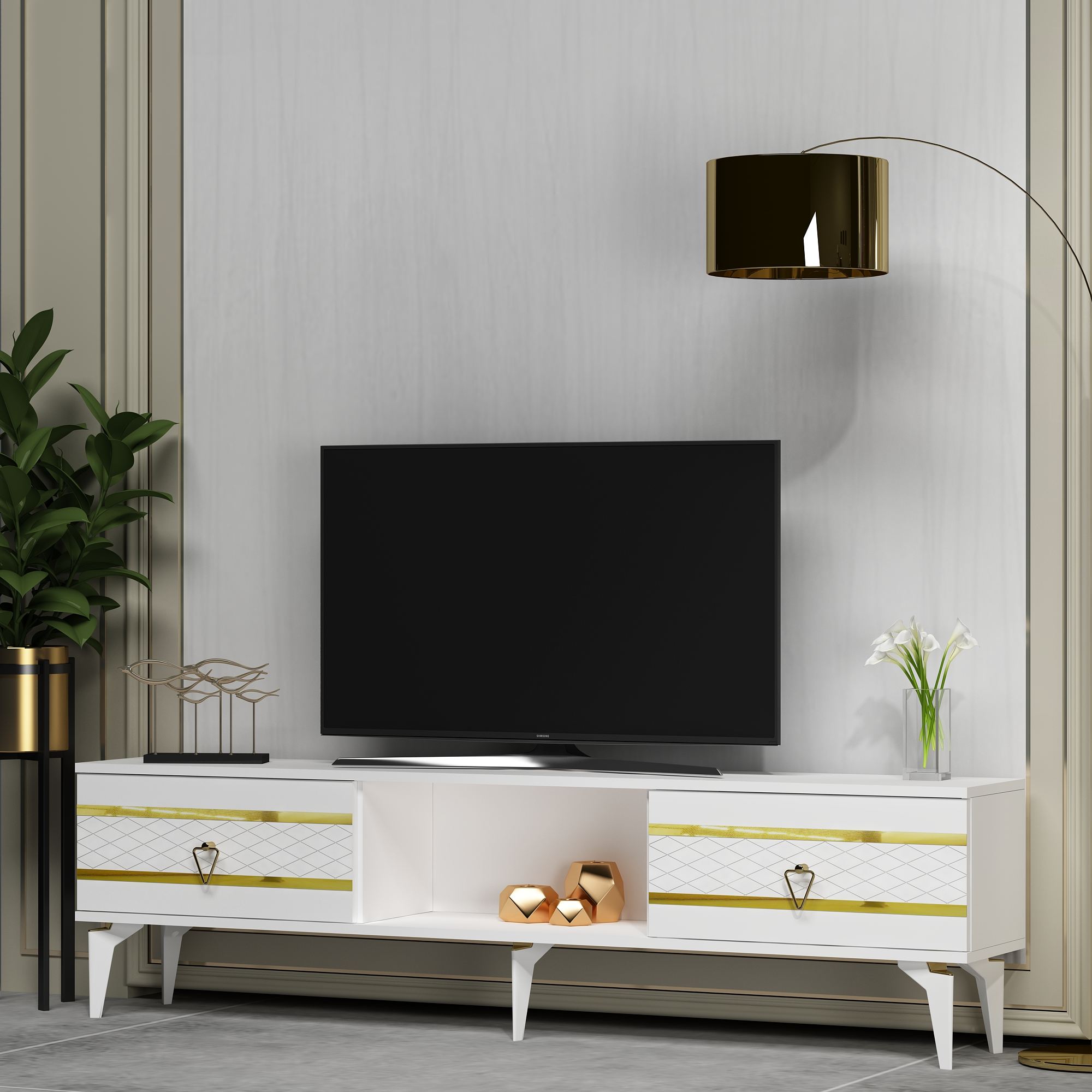 Móvel de TV – 150 cm x 44.6 cm x 29.6 cm – Branco e Dourado – Painéis de Partículas Revestidos a Melamina