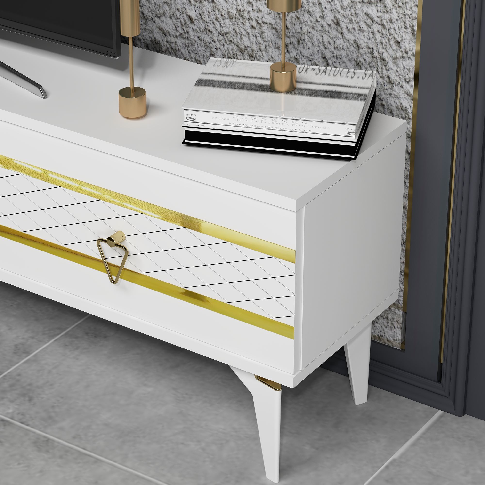 Móvel de TV – 150 cm x 44.6 cm x 29.6 cm – Branco e Dourado – Painéis de Partículas Revestidos a Melamina