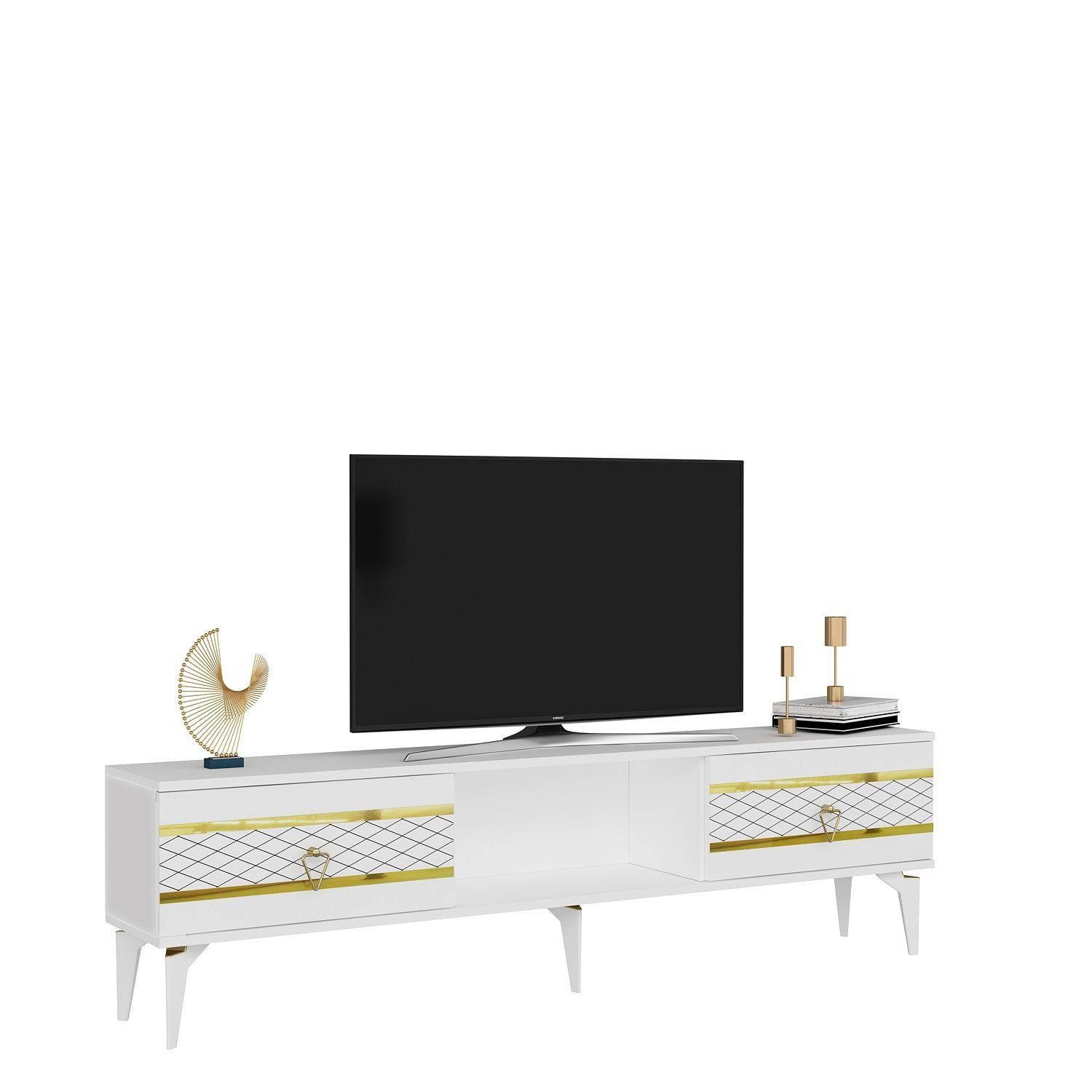 Móvel de TV – 150 cm x 44.6 cm x 29.6 cm – Branco e Dourado – Painéis de Partículas Revestidos a Melamina