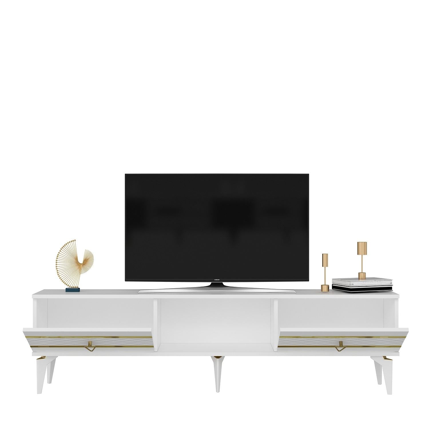 Móvel de TV – 150 cm x 44.6 cm x 29.6 cm – Branco e Dourado – Painéis de Partículas Revestidos a Melamina