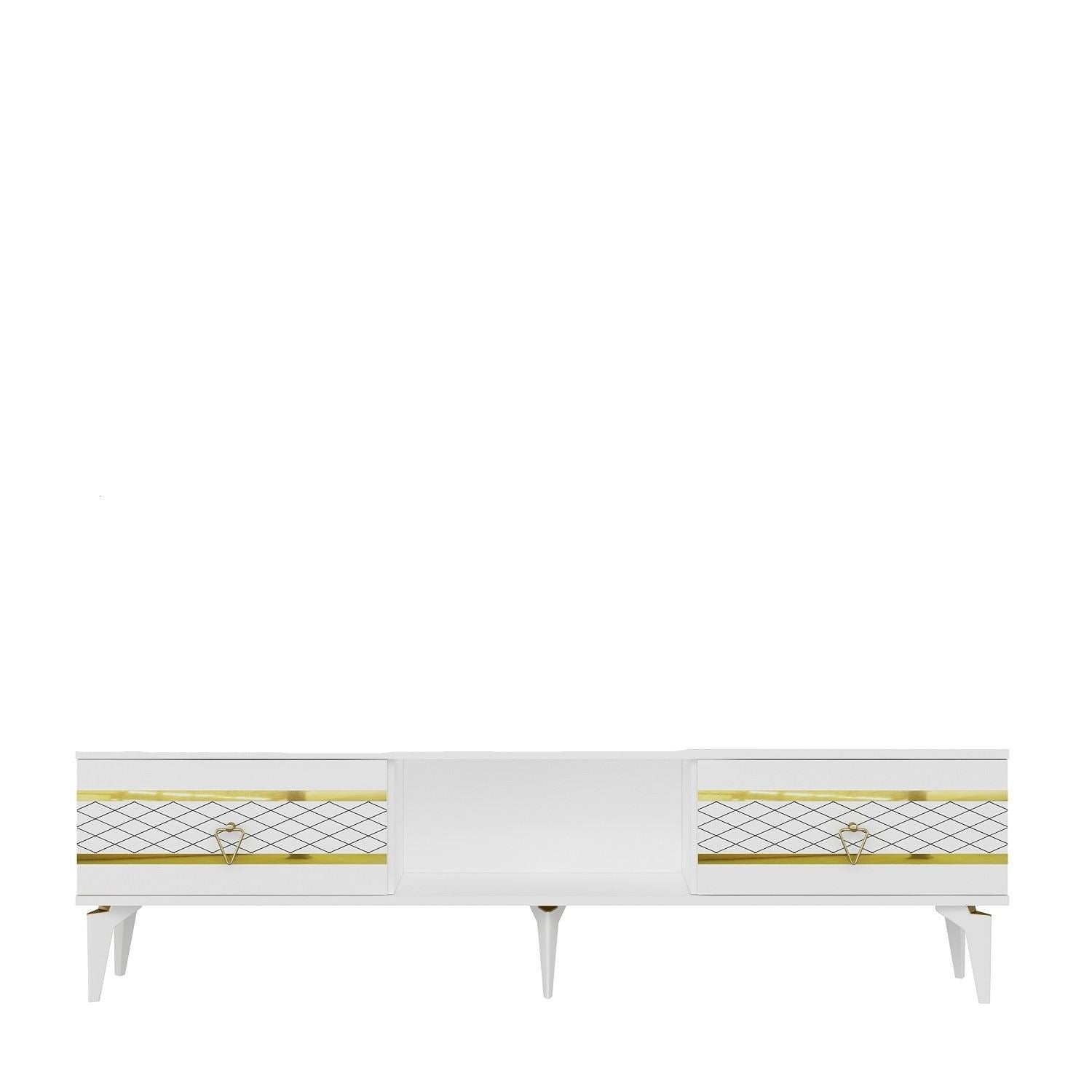 Móvel de TV – 150 cm x 44.6 cm x 29.6 cm – Branco e Dourado – Painéis de Partículas Revestidos a Melamina