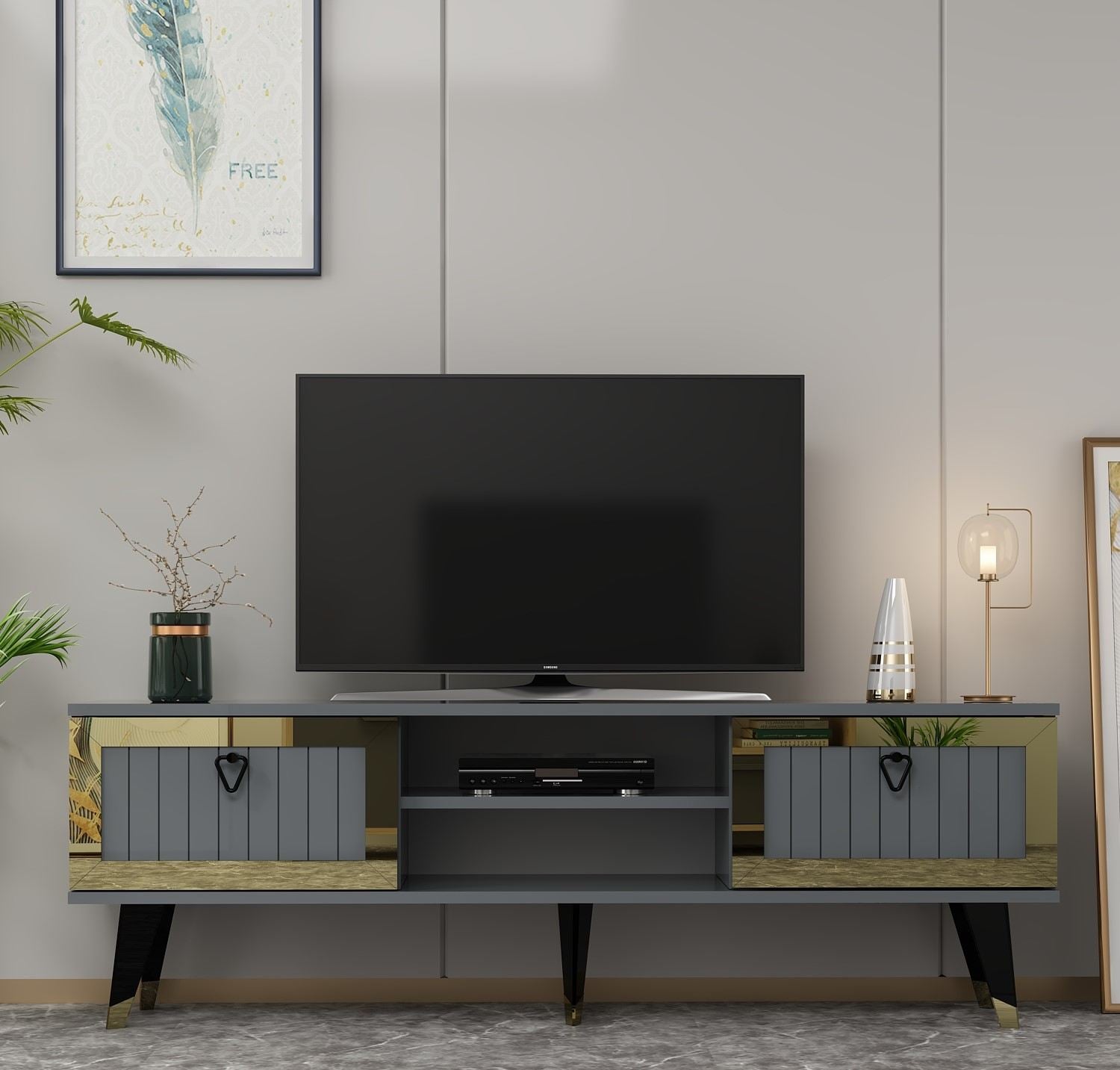 Móvel de TV – 150 cm x 45.6 cm x 30 cm – Antracite e Dourado – Painel de partículas revestido a melamina