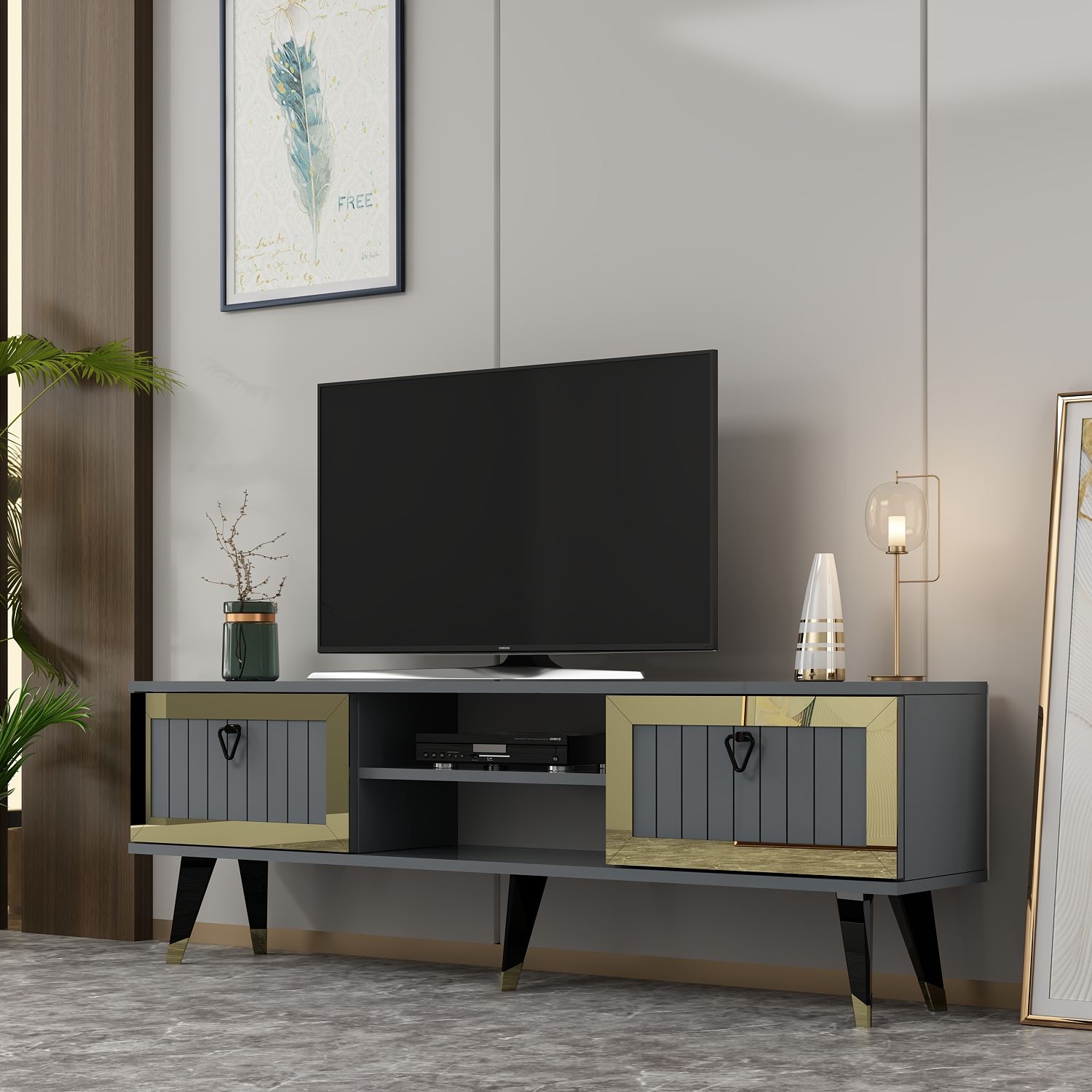 Móvel de TV – 150 cm x 45.6 cm x 30 cm – Antracite e Dourado – Painel de partículas revestido a melamina