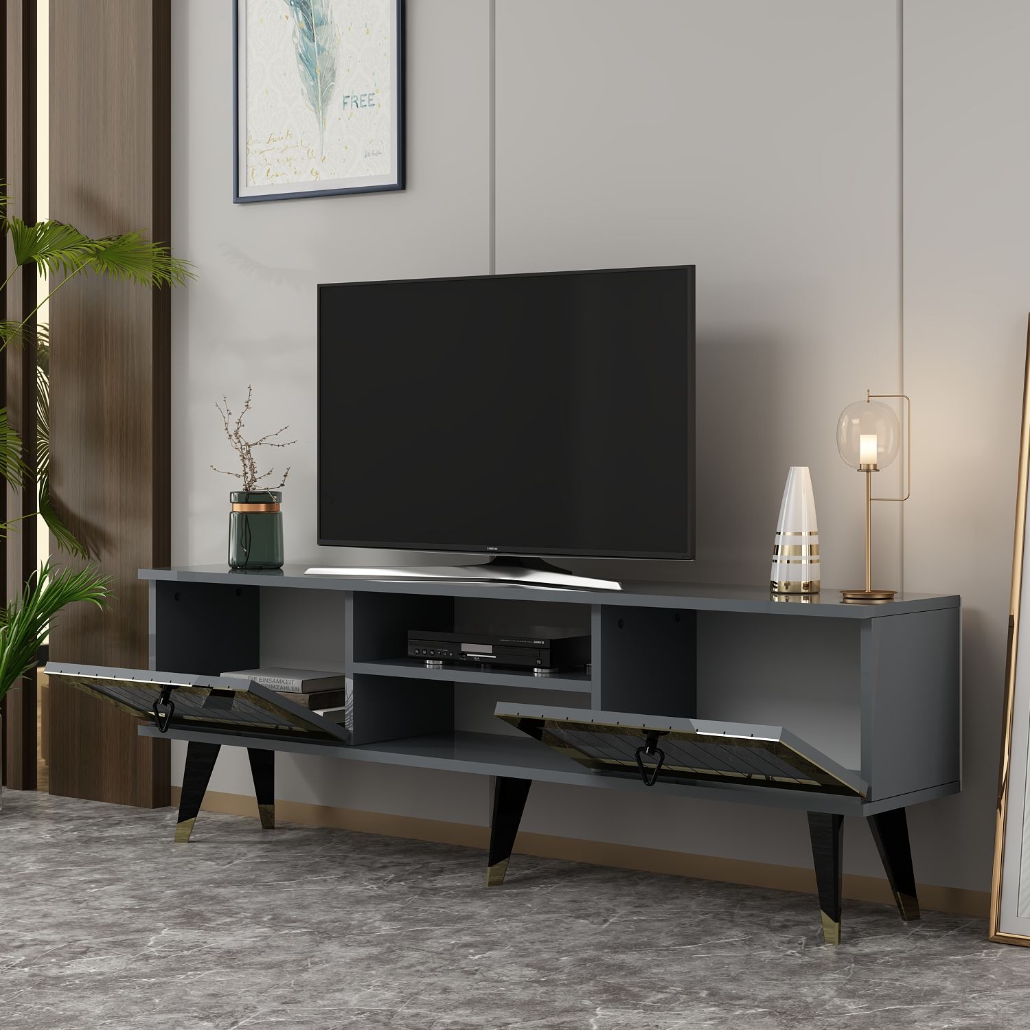 Móvel de TV – 150 cm x 45.6 cm x 30 cm – Antracite e Dourado – Painel de partículas revestido a melamina