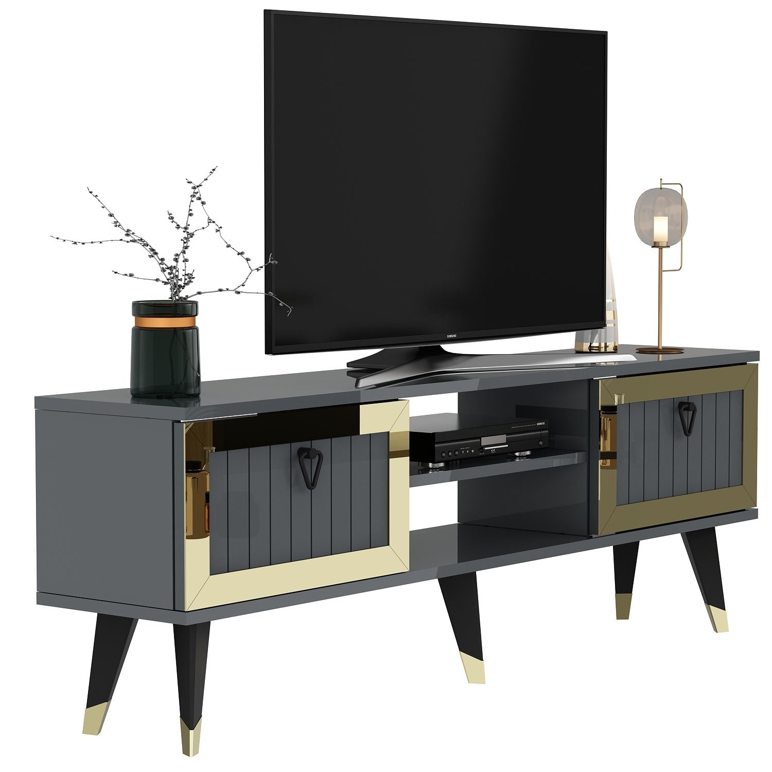 Móvel de TV – 150 cm x 45.6 cm x 30 cm – Antracite e Dourado – Painel de partículas revestido a melamina