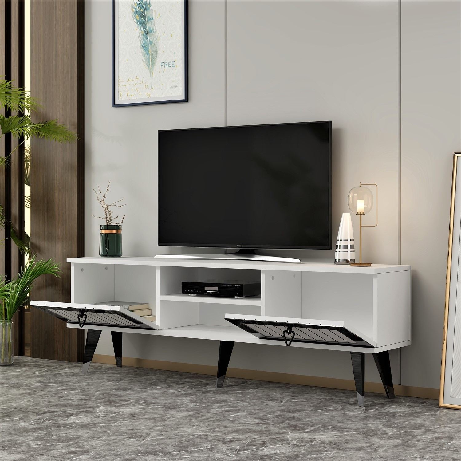 Móvel de TV – 150 cm – Branco e Prateado – Painel de partículas revestido a melamina