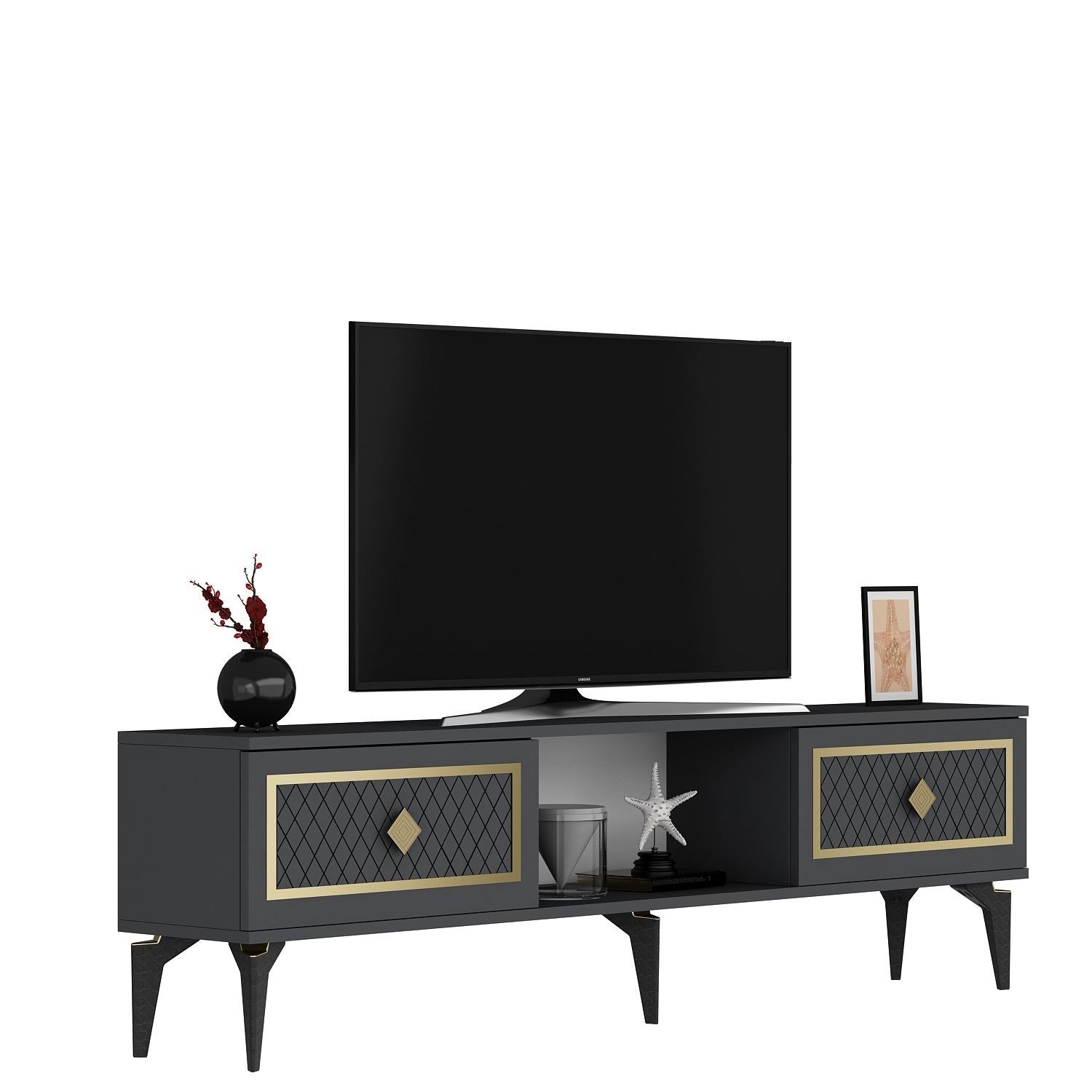 Móvel de TV – 150 cm x 44,6 cm x 29,6 cm – Antracite e Dourado – Painéis de Partículas Revestidos a Melamina