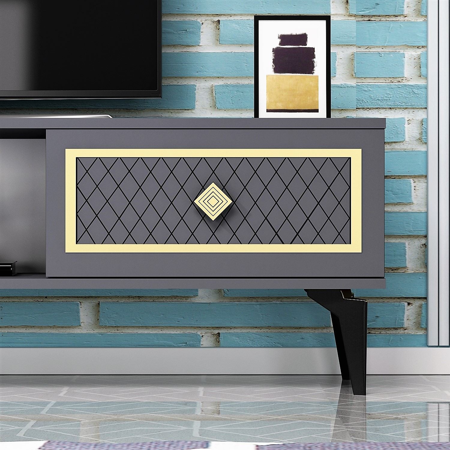 Móvel de TV – 150 cm x 44,6 cm x 29,6 cm – Antracite e Dourado – Painéis de Partículas Revestidos a Melamina