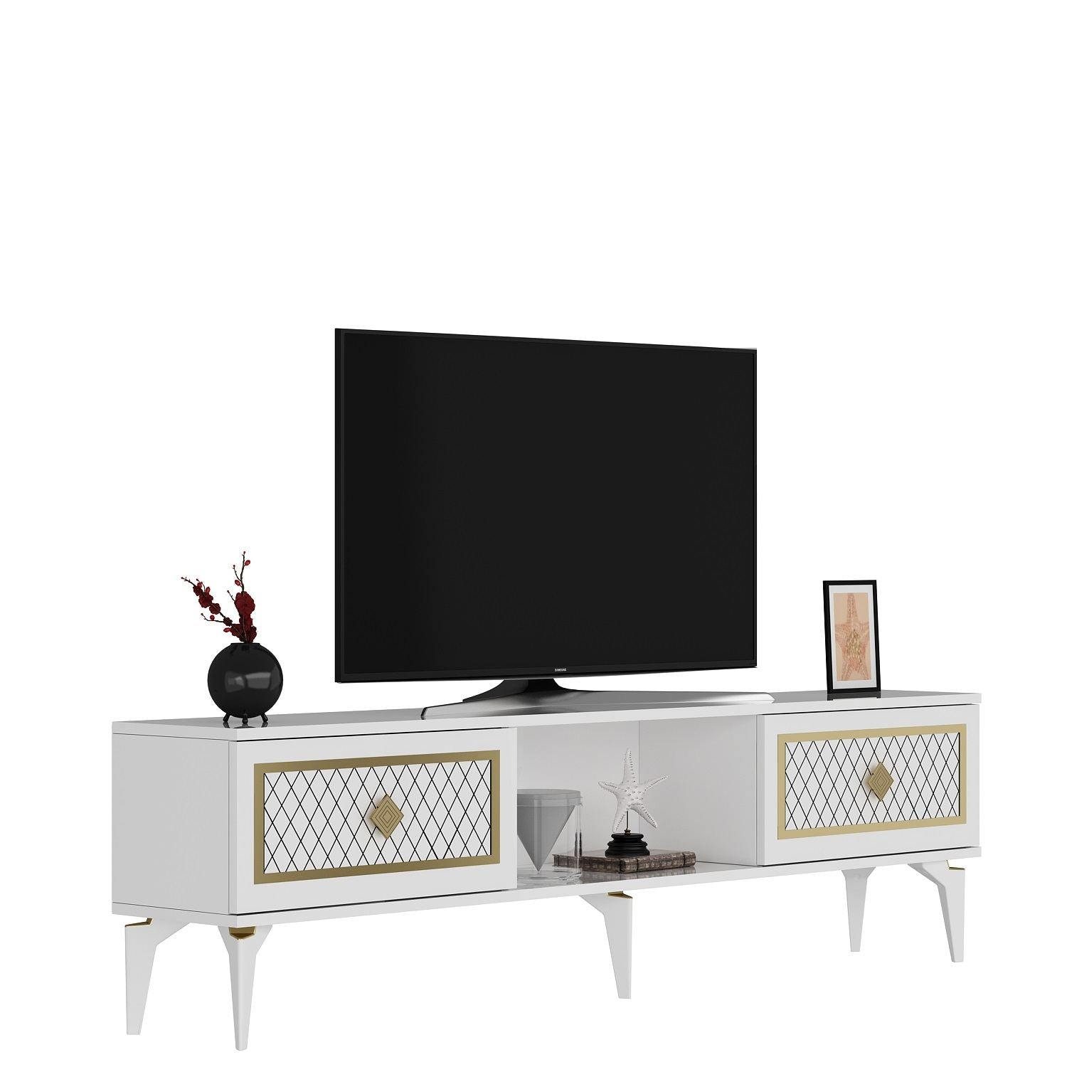 Móvel de TV – 150 cm x 44,6 cm x 29,6 cm – Branco e Dourado – Painéis de partículas revestidos a melamina