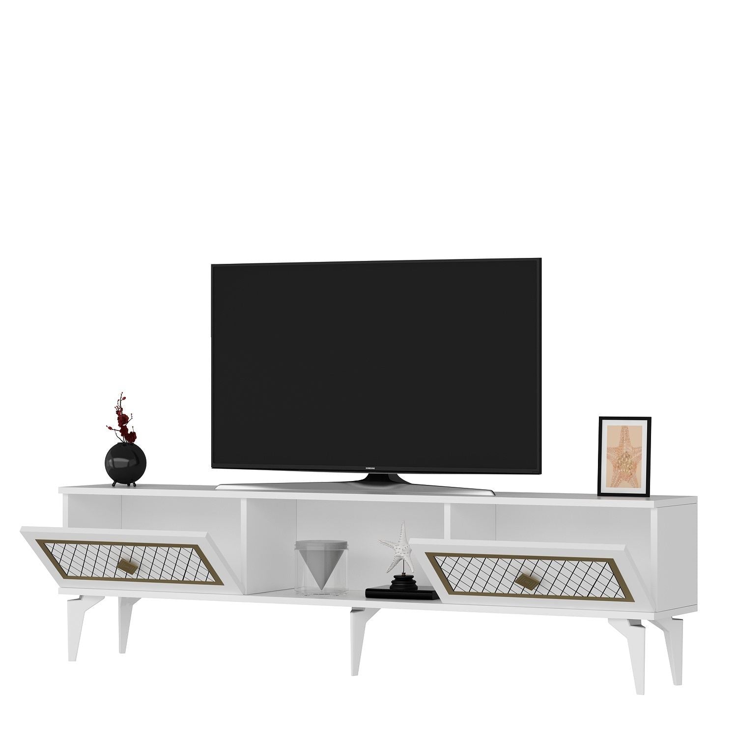 Móvel de TV – 150 cm x 44,6 cm x 29,6 cm – Branco e Dourado – Painéis de partículas revestidos a melamina